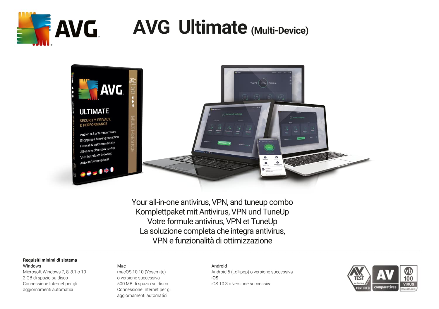 AVG Ultimate 2026 - Antivirus con AVG Secure VPN y AVG TuneUp para agilizar su PC | 10 Dispositivos | 1 Año | PC/Mac/Android/iOS