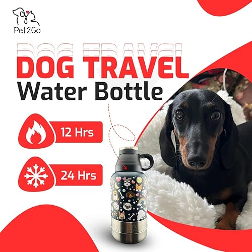 Miniatura 10 de Botella de agua de viaje para perros de 32 onzas con soporte para golosinas y cuencos desmontables  Dispensador de acero inoxidable portátil aislado
