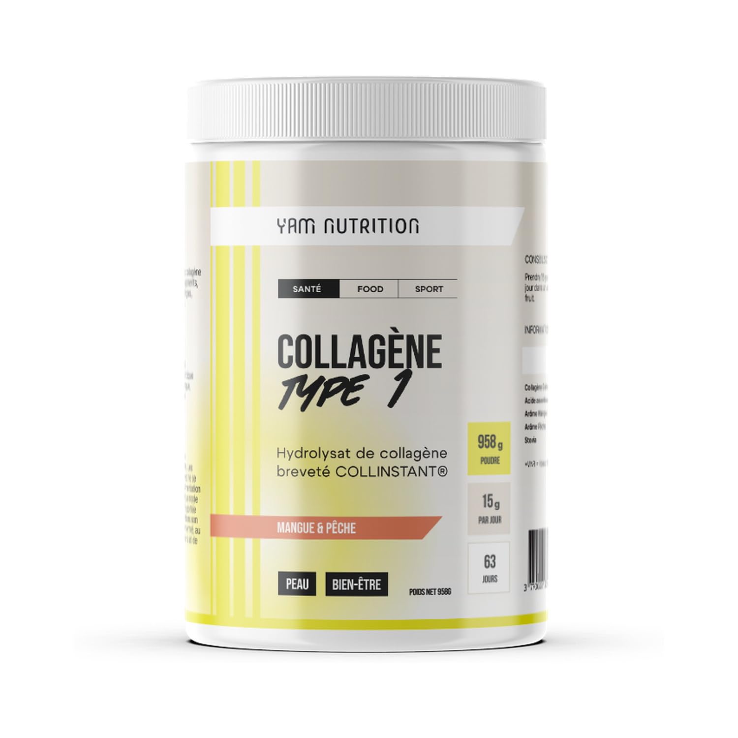 Collagène type 1 goût Mangue Pêche (958g) - Hydrolysat de collagène en poudre Collinstant et acide ascorbique (vitamine C) - Beauté peau et cheveux - YAM Nutrition