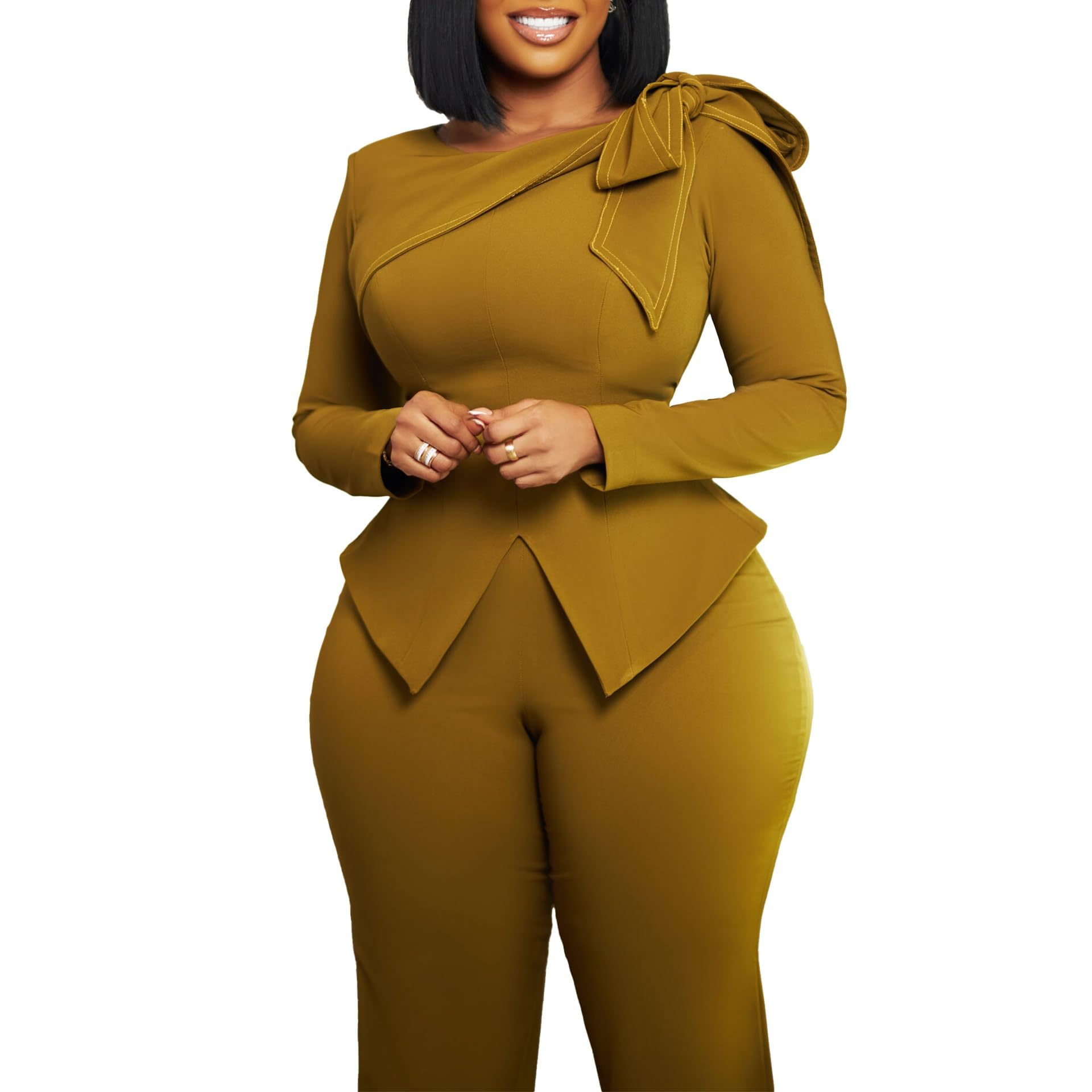 2025 Damen Business Casual 2-teiliges Outfit Rundhals Langarm Schleife Schulter Blazer Top + Slim Fit Lange Hose Set