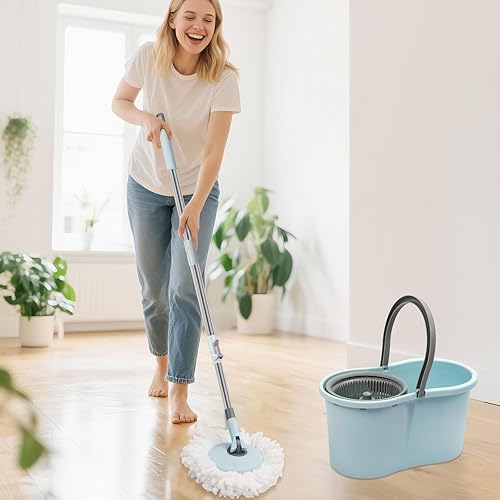 Miniatura 6 de Trapeador giratorio y cubo con juego de escurridor, sistema de fregona y cubo de 360 con 3 repuestos de fregona de microfibra y mango extendido de