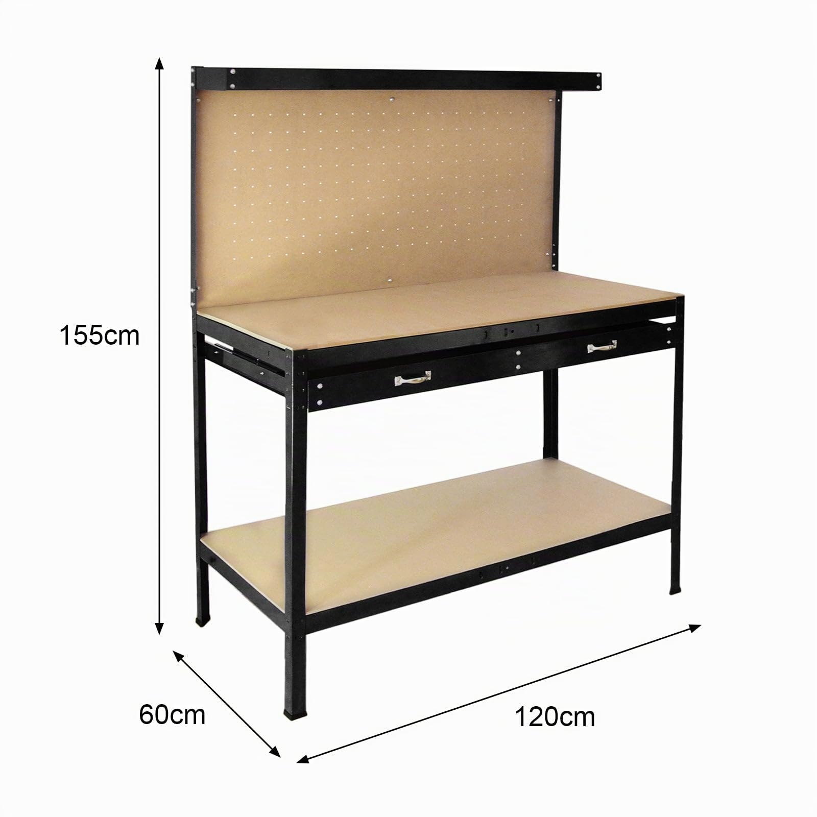 Banco de Trabajo Negro Metal 155x120x60cm+Tablero de Clavijas+Cajón Capacidad Peso 200kg Mesa de Trabajo Metálica Metálico Almacenamiento Herramientas Taller Garaje Bricolaje Mazo+40 Ganchos GRATIS
