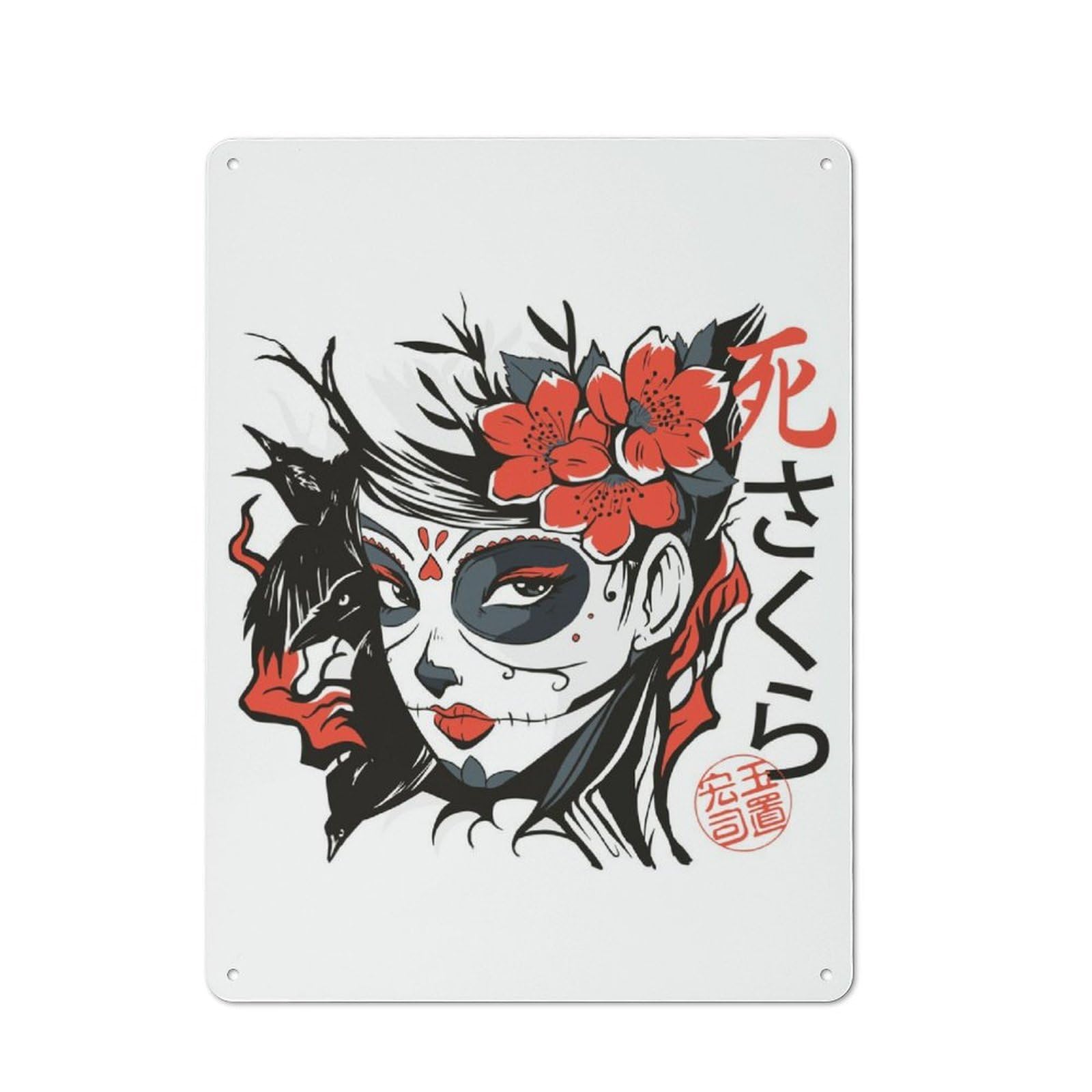 Metal Plaque 40x30cm with Sugar Skull Girl Asian for Pub Or Café, Rustic Decor, for Garage, Workshop And Man Cave Decoration