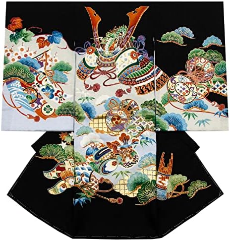 正絹】 お宮参り着物 （初着・産着） 男児 M2-15 兜に松・黒地 仕立