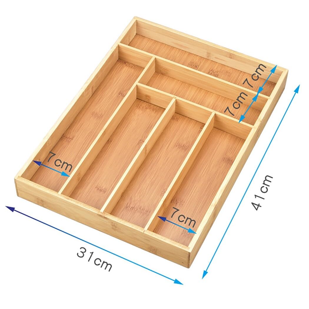 Bandeja de almacenamiento de cubiertos de bambú de gran capacidad con 6 compartimentos, resistente, apilable, organizador de cocina de cajón profundo para eficiencia de espacio