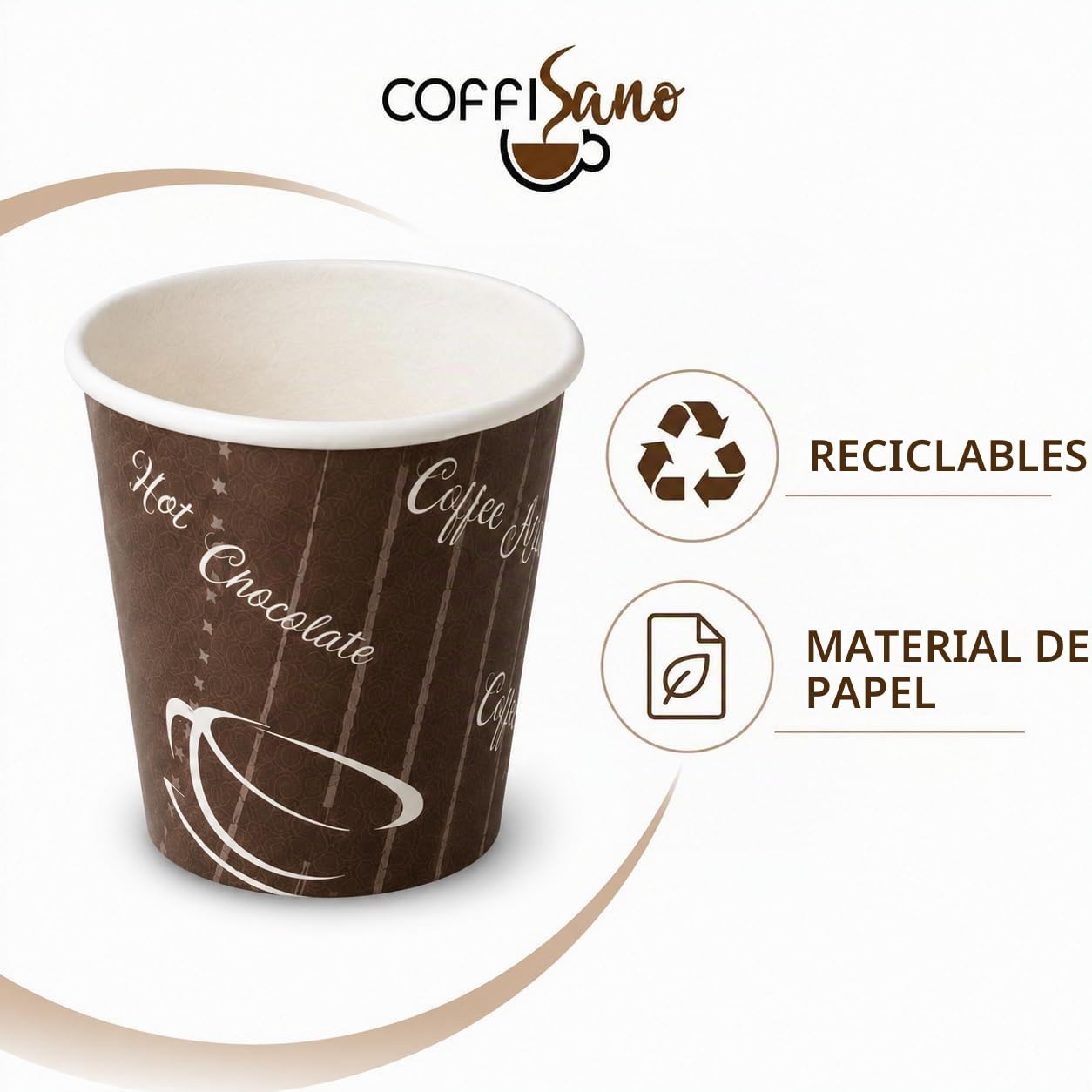 COFFISANO 1000 vasos de café de papel desechables, para oficina, bar, marrón, ecológico, compostable, vasos desechables para bebidas calientes, expreso, té, chocolate, 75 ml