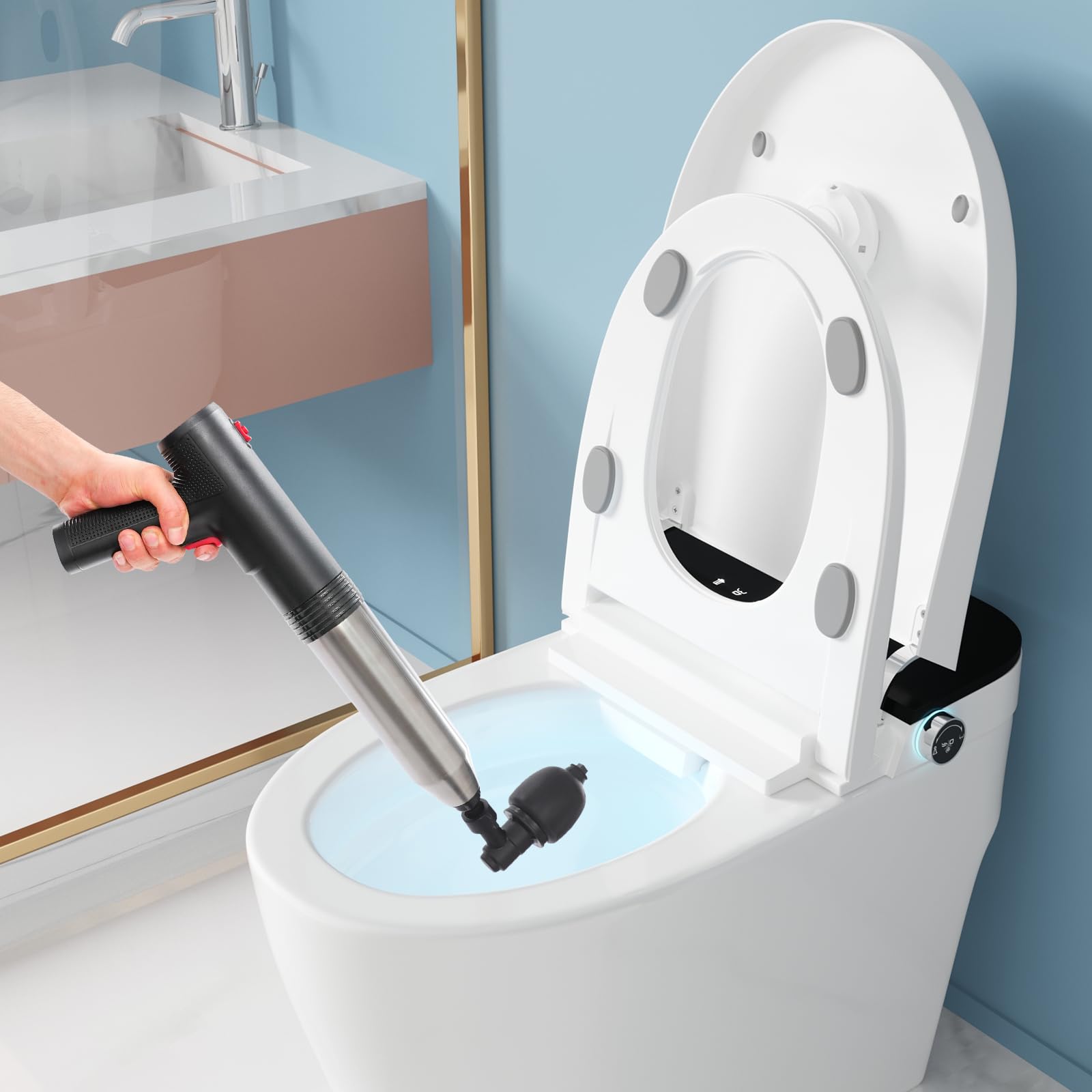 Hanmorbarbi Elektrischer Toilettenstampfer mit 5 bar Druck, 3 Aufsätzen (WC, Waschbecken, Bodenablauf), 1500mAh Akku, Manometer, chemiefreie Rohrreinigung – Wiederaufladbarer Abflussentstopfer für Bad