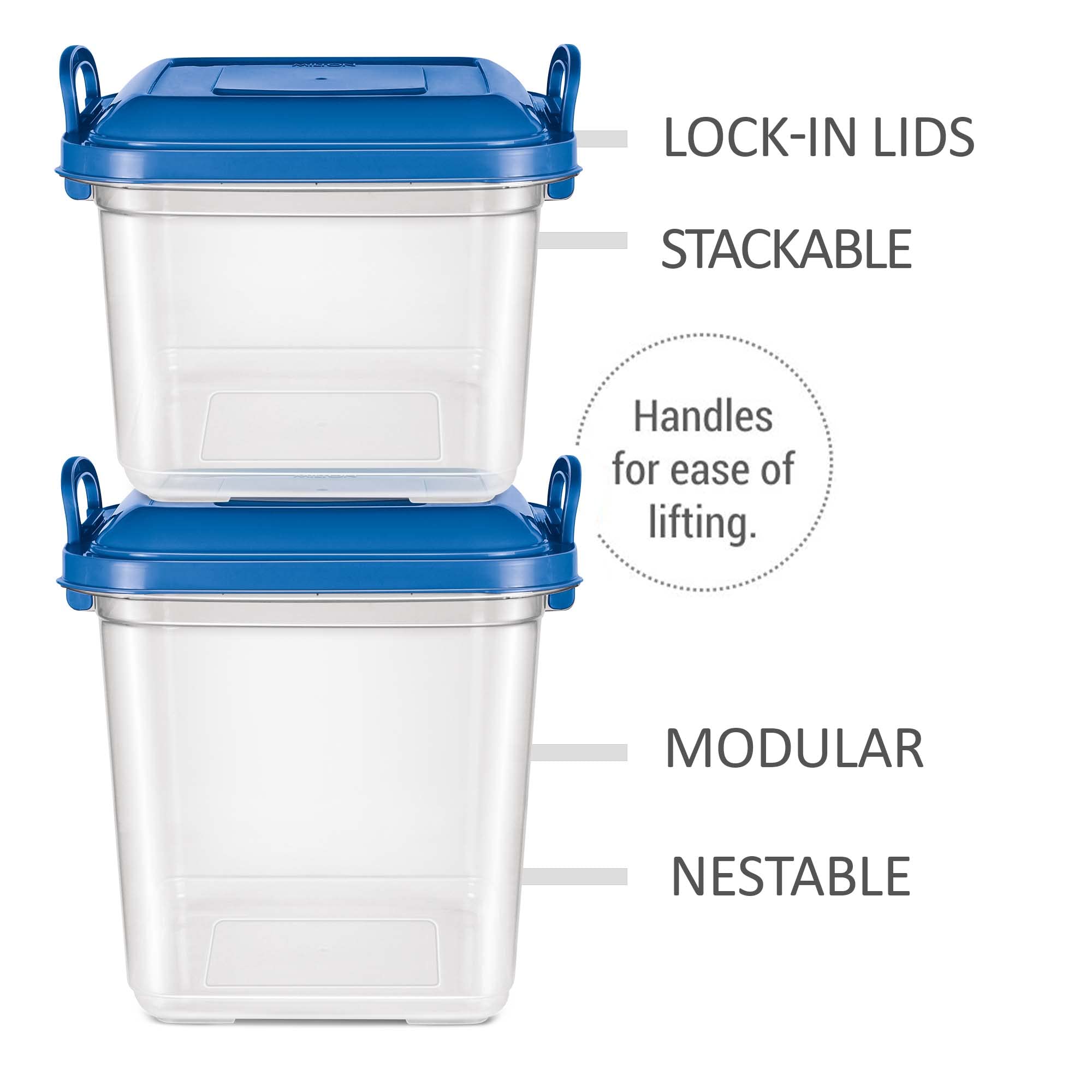 Milton Silo - 15 recipientes grandes de plástico, 1 unidad, 14,45 litros, color azul, tarro de almacenamiento, organizador de cocina, sin BPA, apilables, modulares, anidables