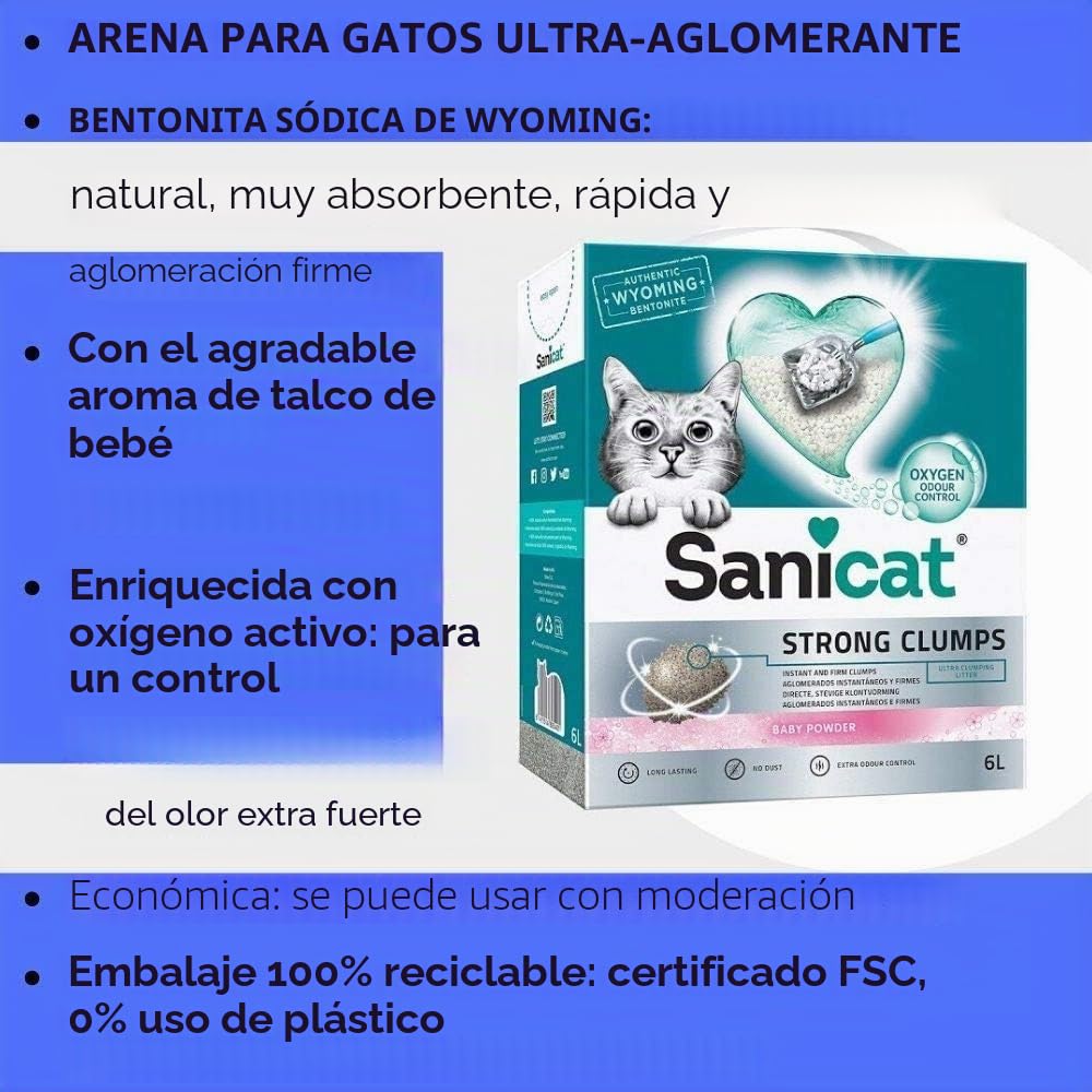 Sanicat Ultra Clumping - Arena para gatos, 2 x 10 L, natural, fuerte, desodorante sin polvo, agradable aroma fresco de talco de bebé