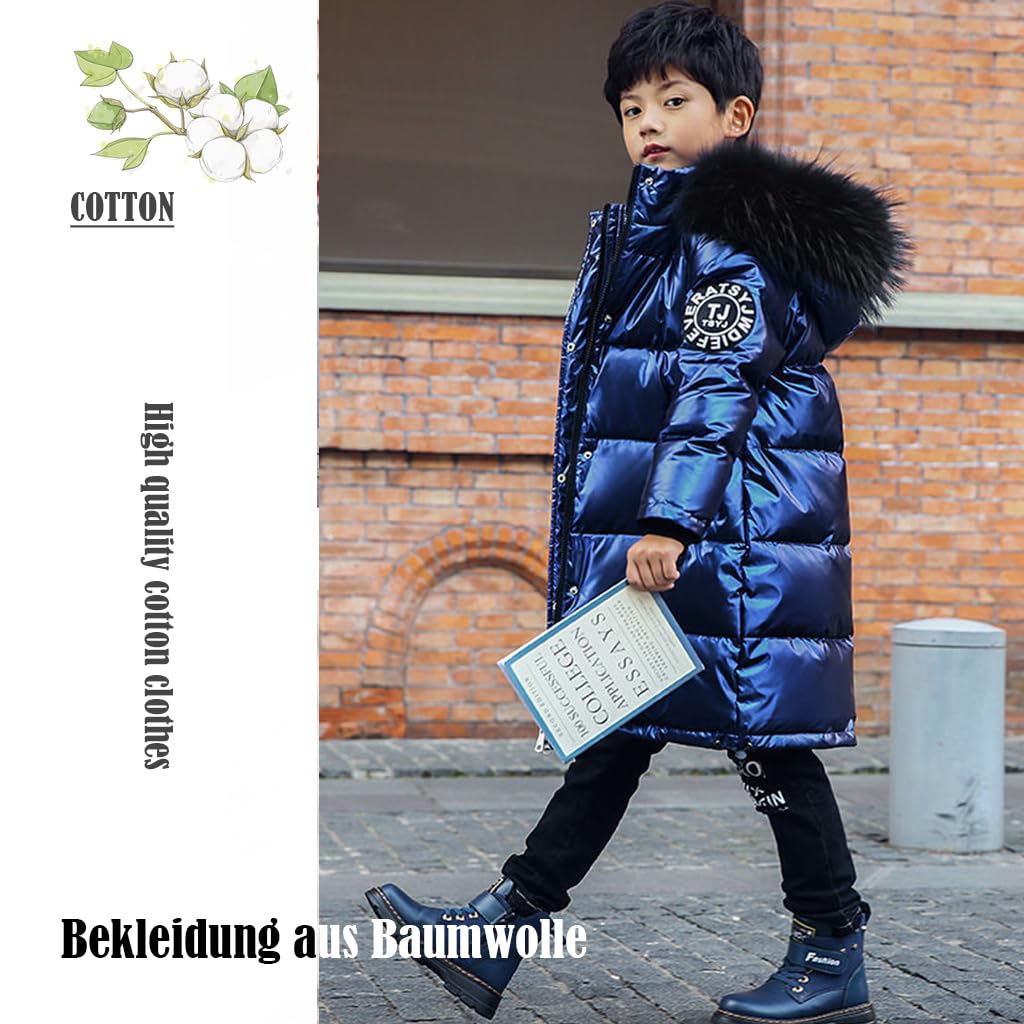 Linboo - Abrigo largo para niña, chaqueta de plumón cálido, para niño, invierno, con capucha, piel acolchada, parka luminosa