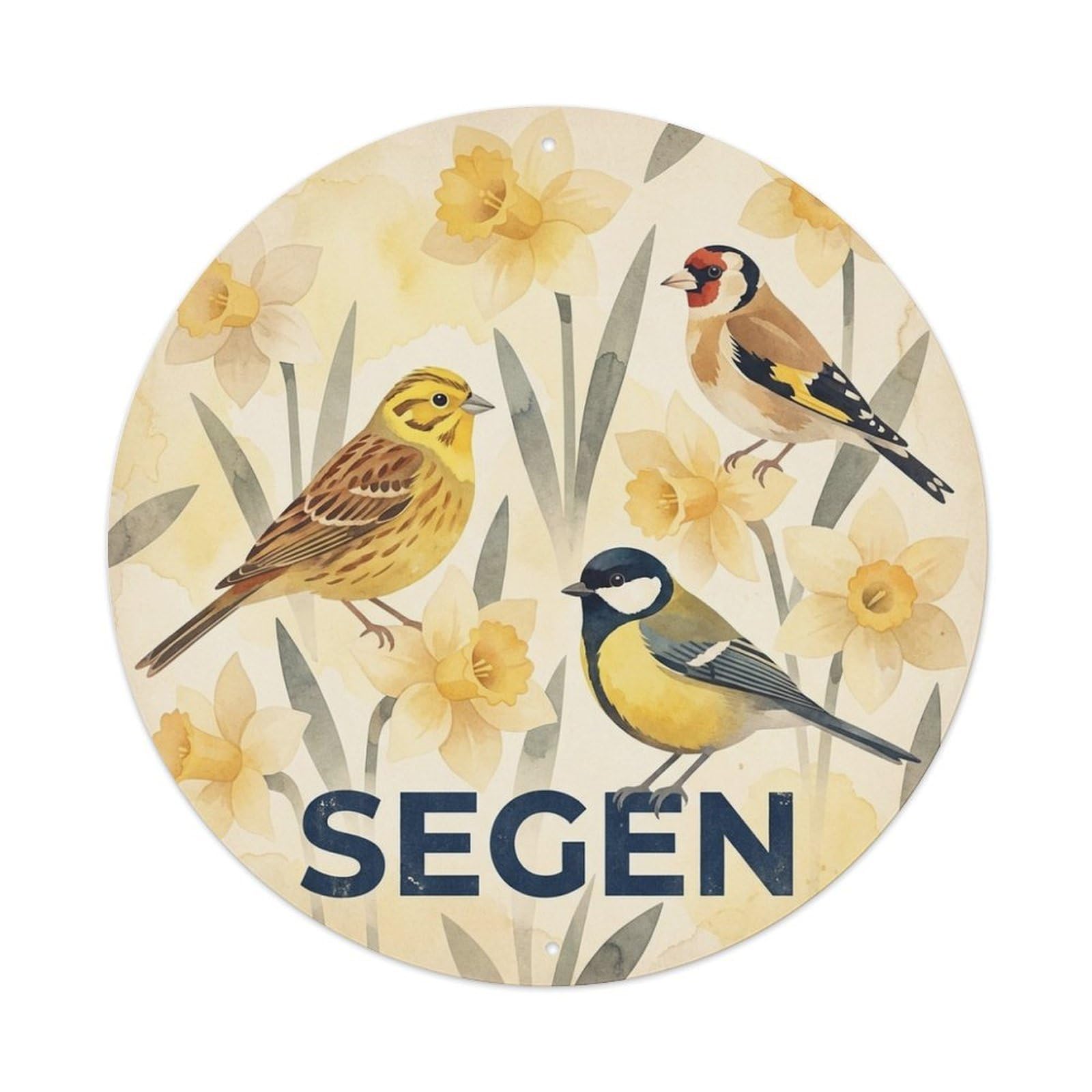 Daffodil Sprig Segen Soft Watercolor Bird Slogan Metal Tin Sign