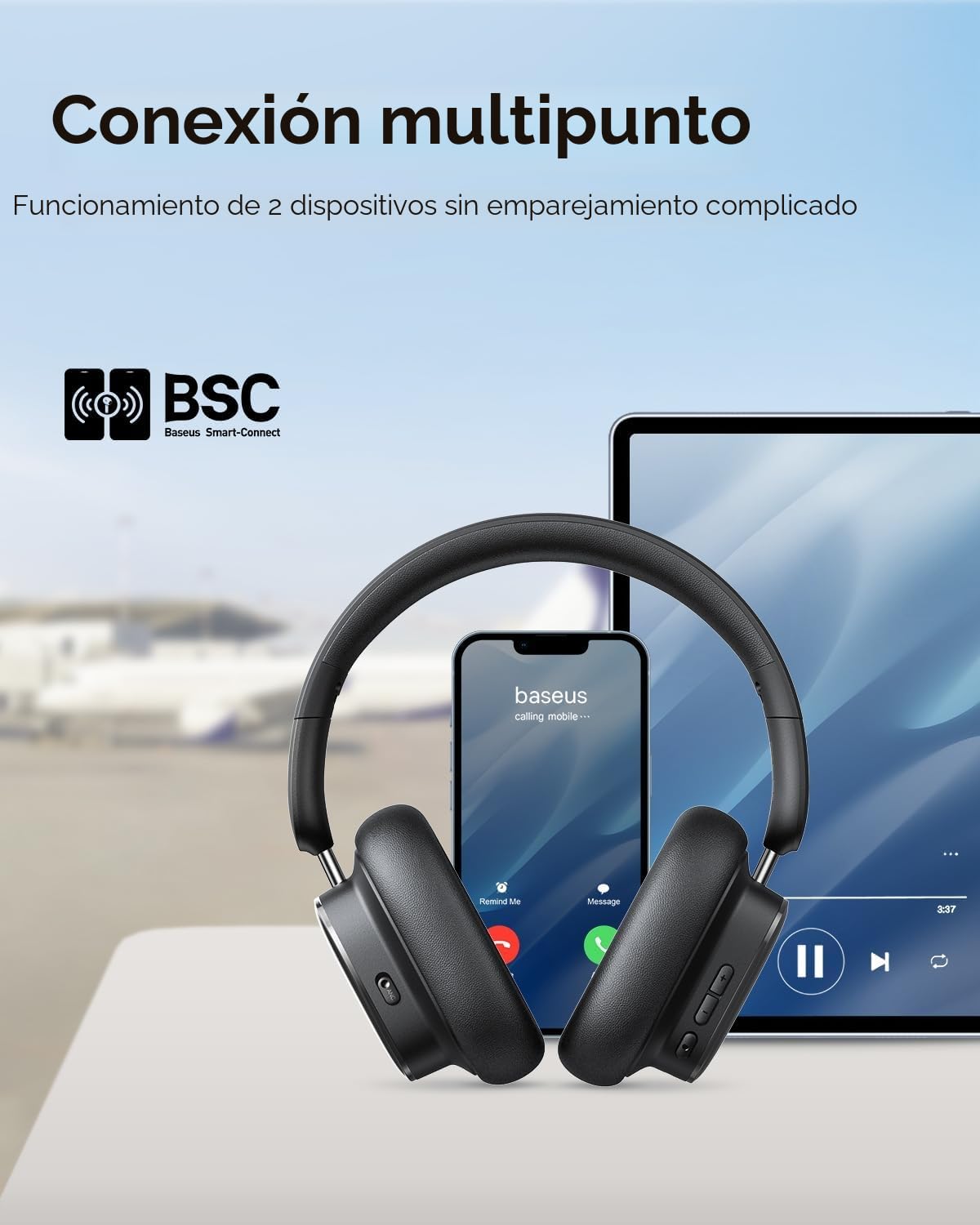 Baseus Auriculares con cancelación de ruido activo con batería de 100 horas, sonido LHDC Hi-Res, reduce el ruido hasta en un 95%, sonido espacial, micrófonos ENC, 0,038 s de baja latencia, auriculares