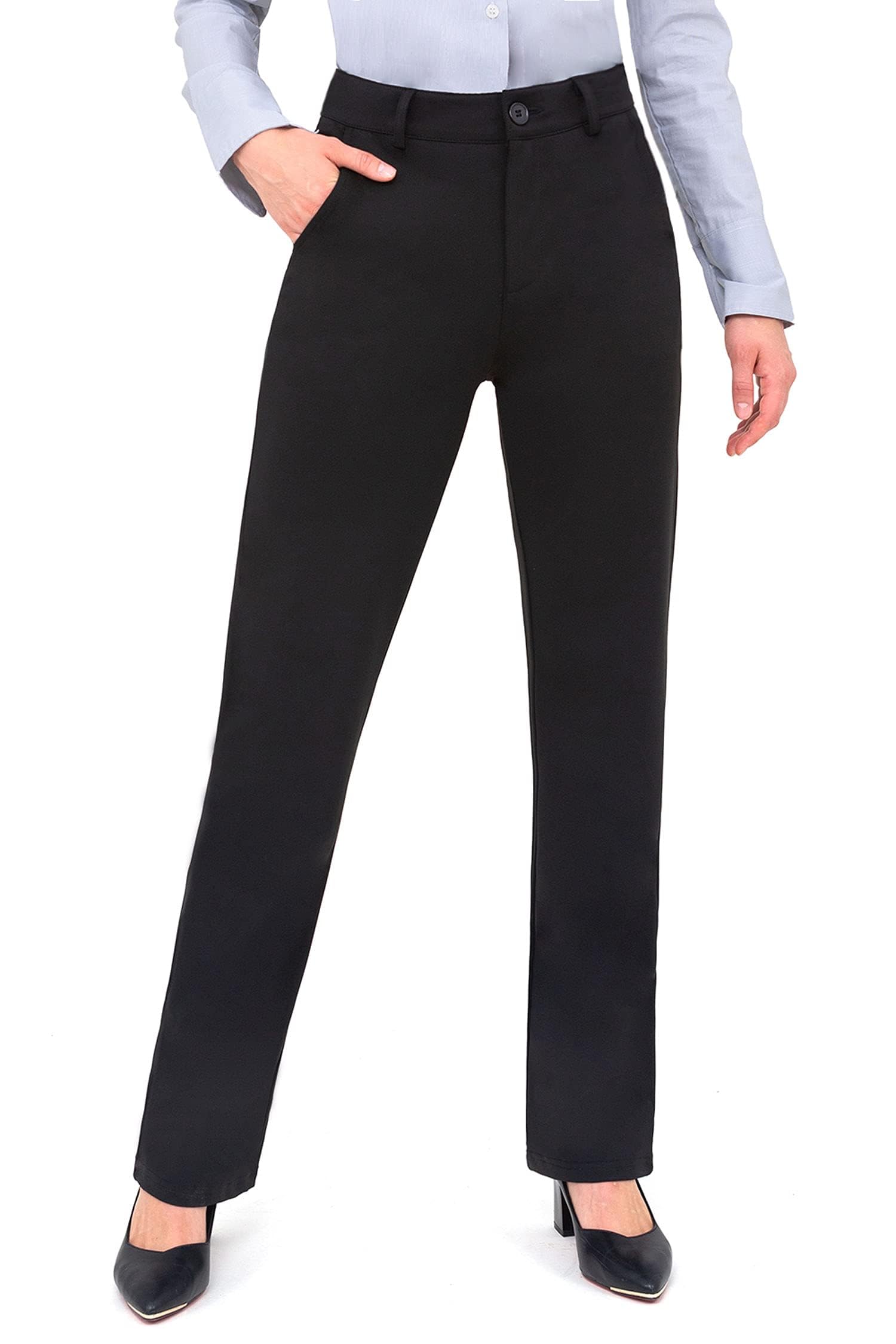 Bamans Pantaloni da donna a righe dritte, per lavoro, ufficio, con tasche, nero/29 petite, L | Pantaloni eleganti e alla moda, vestibilità ampia, ideali per lavoro, ufficio e vita quotidiana