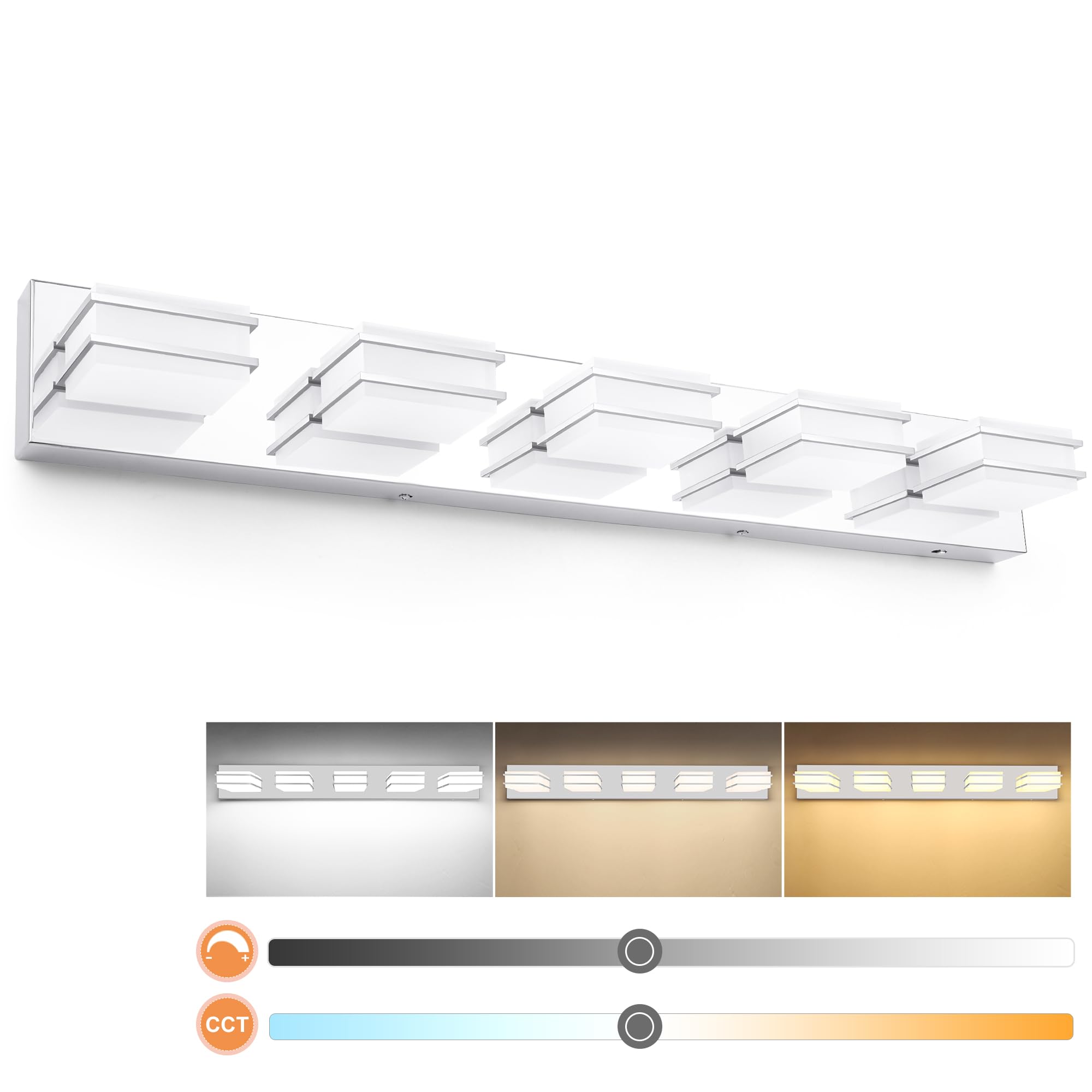 Photo 1 of 3 Color Temperature Dimmable Vanity Lighting Fixtures LED Chrome 5 Light Bathroom Vanity Light Fixtures Acrylic Stainless Steel Square Shade Vanity Lights for Bathroom, 360° Rotate, ETL Certificated Chrome- Square Shade 5 Lights