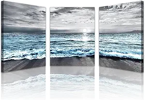 Lapremoly Canvas Wall Art For Living Room, Bedroom & Office Decor - Black & White Beach Wall Painting - Blue Ocean Sea Wave Pictures - 3 Piece Set - 20x28 in