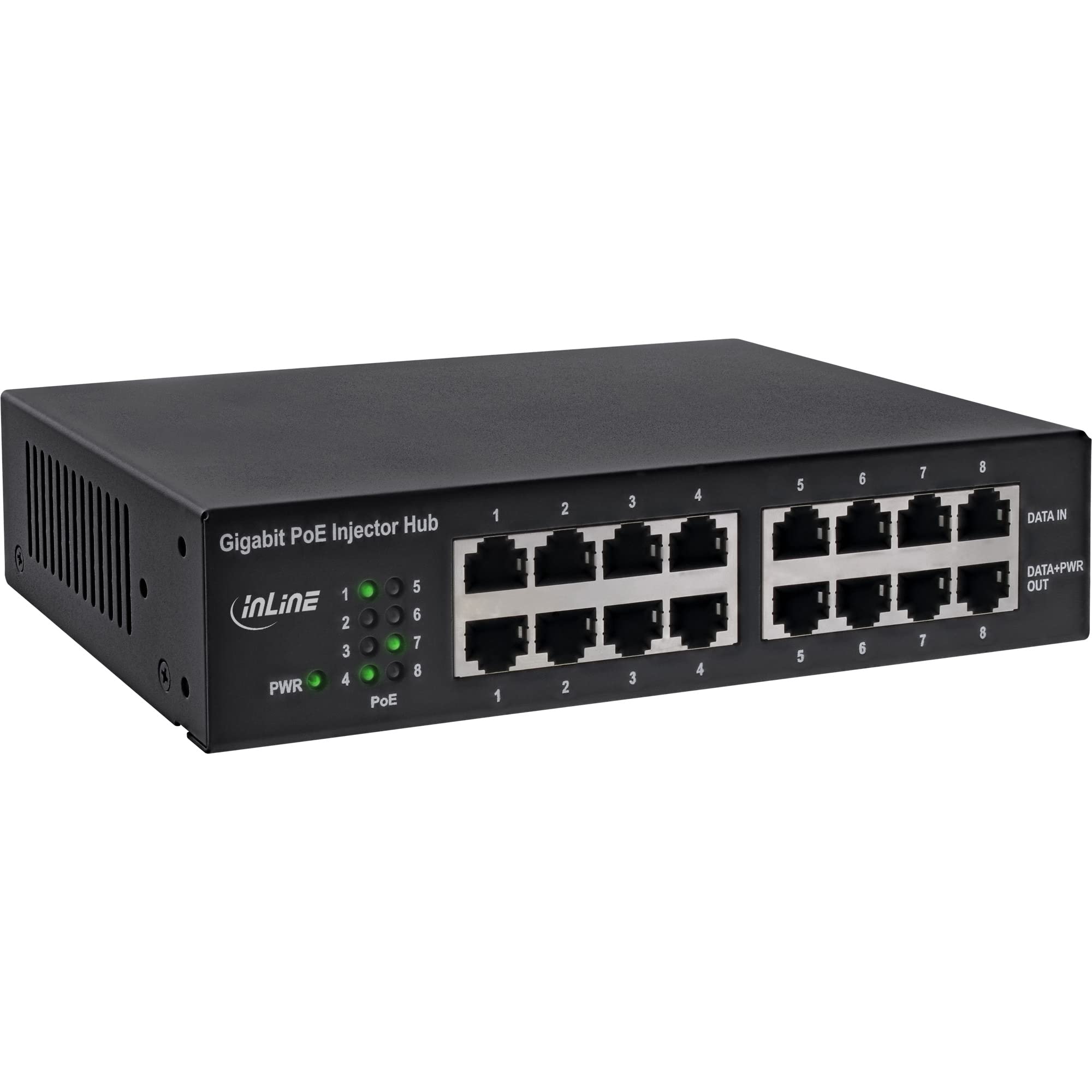 InLine 32308H PoE+ Gigabit Netzwerk Injektor Hub 8 Port (8x PoE+), 1GBit/s, 19" (Winkel enthalten), Metall, lüfterlos