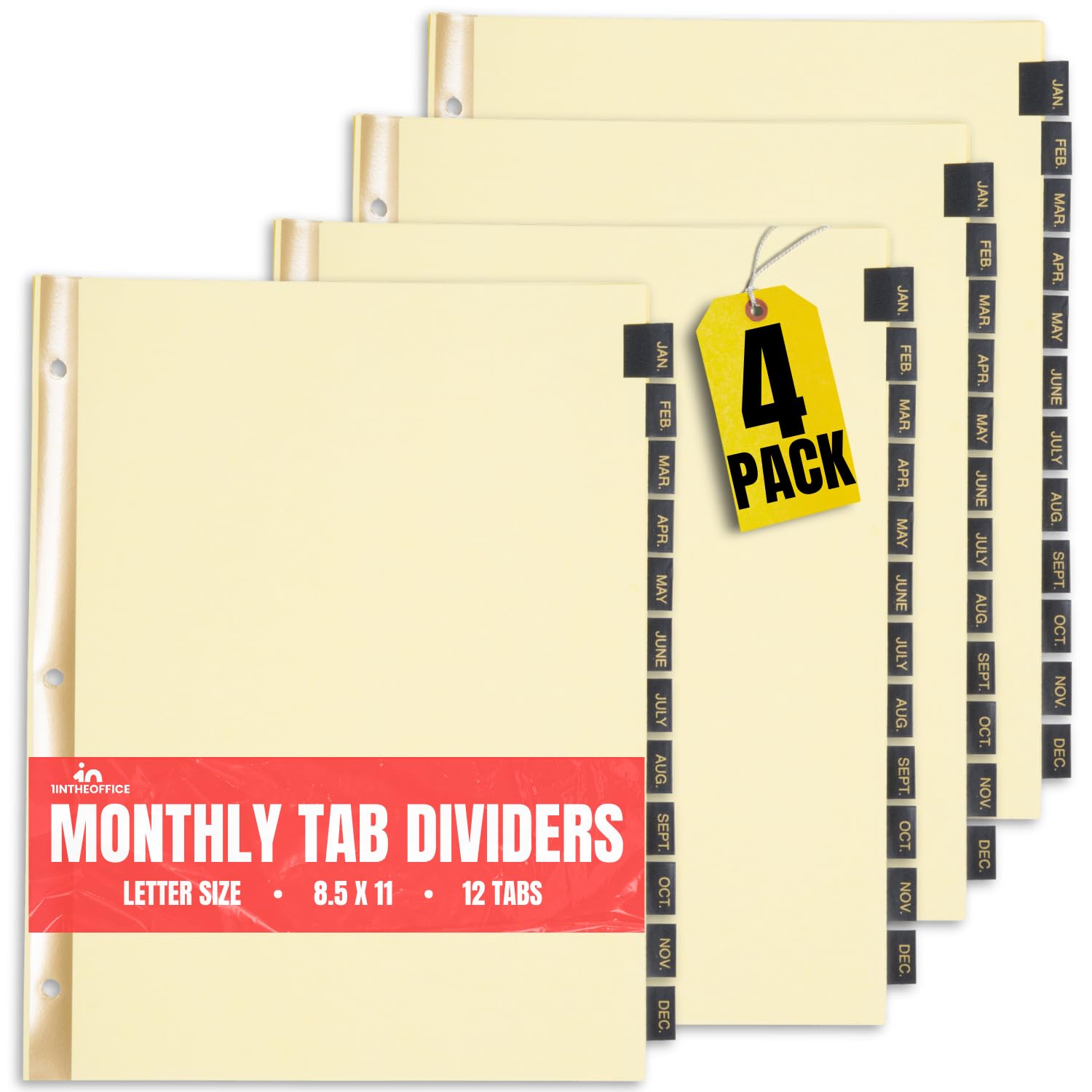 1InTheOffice Monthly Tab Dividers, Month Tabs for 3 Ring Binder, Monthly Leather Dividers, 12-Tab, Black, (4 Pack)