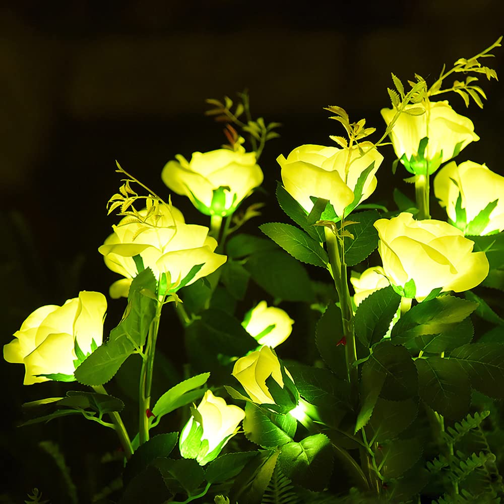Solar Powered Yellow Rose Flower Lights - Outdoor Garden LED Decorative Landscape Lighting