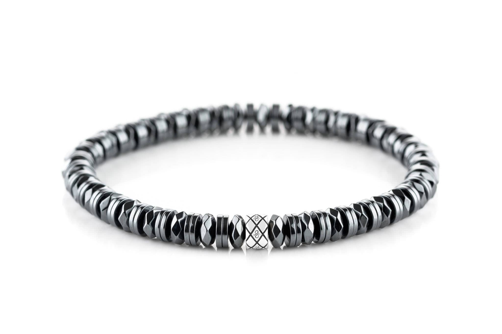 Aurum Brothers - Abacus Dubbele Schijf Donkere Hematiet, 6mm, Zilver, Handgemaakte Heren Kralenarmband