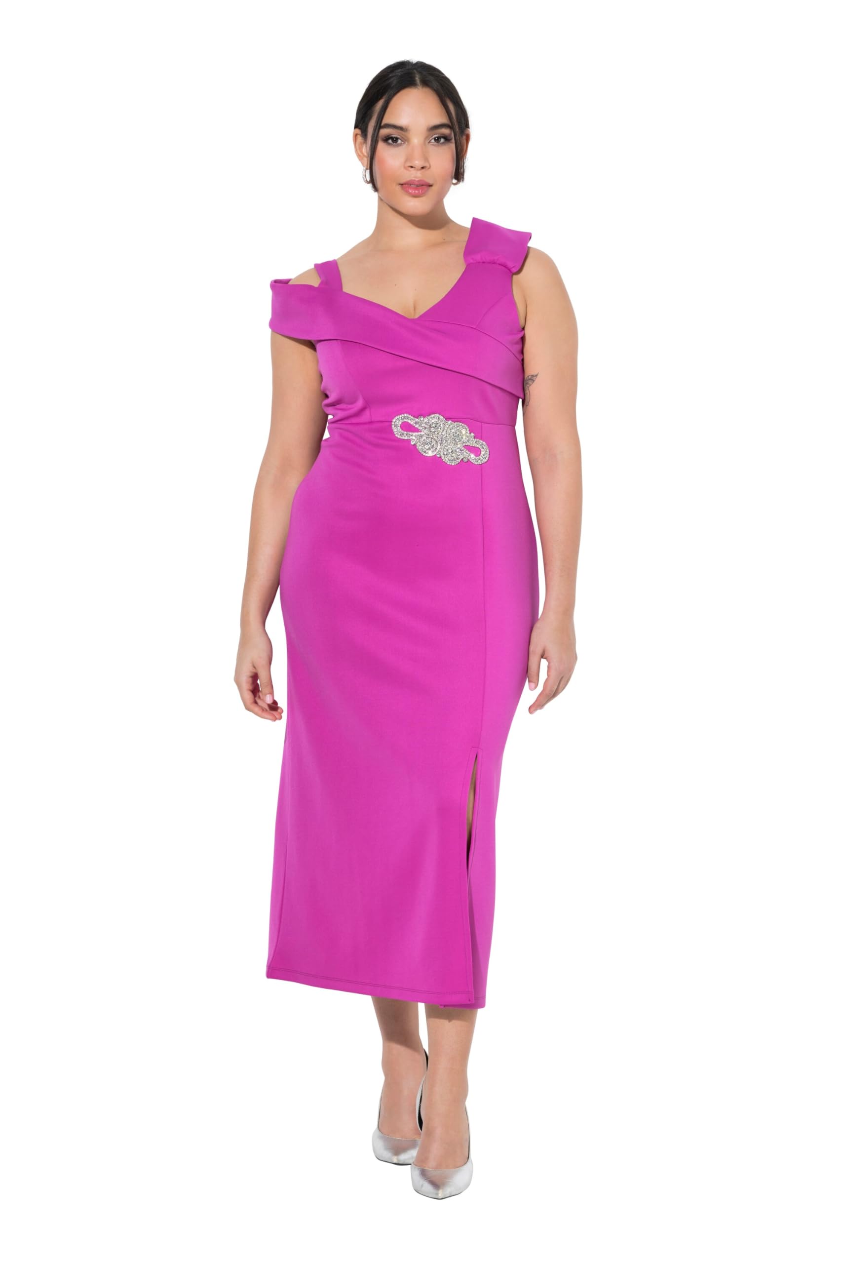 Ulla Popken Damen große Größen Übergrößen Plus Size Maxi-Jerseykleid, drapiert, Applikation, V-Ausschnitt, ärmellos 849508