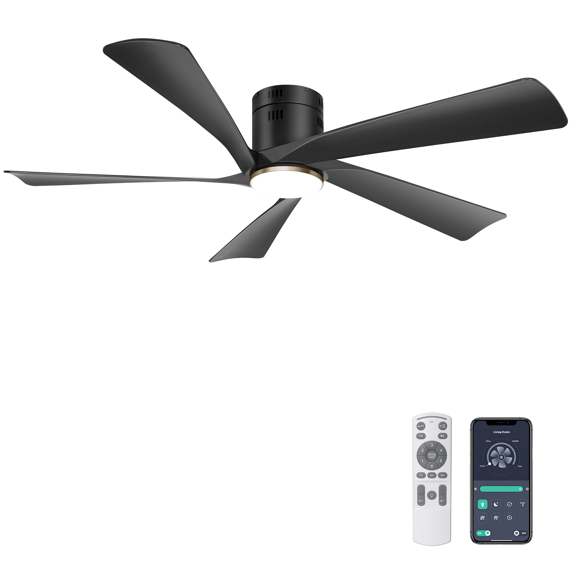 Ohniyou 132 cm Deckenventilator mit Beleuchtung, Fernbedienung, App-Steuerung, Dimmbar, Leiser DC-Motor, Schwarz