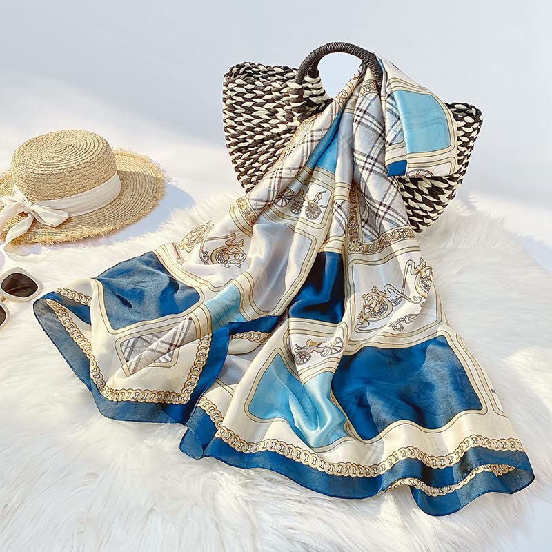 Plaid silk scarf spring and summer rolled edge square scarf travel Sun protection windproof shade mid-length shawl bib (blue)