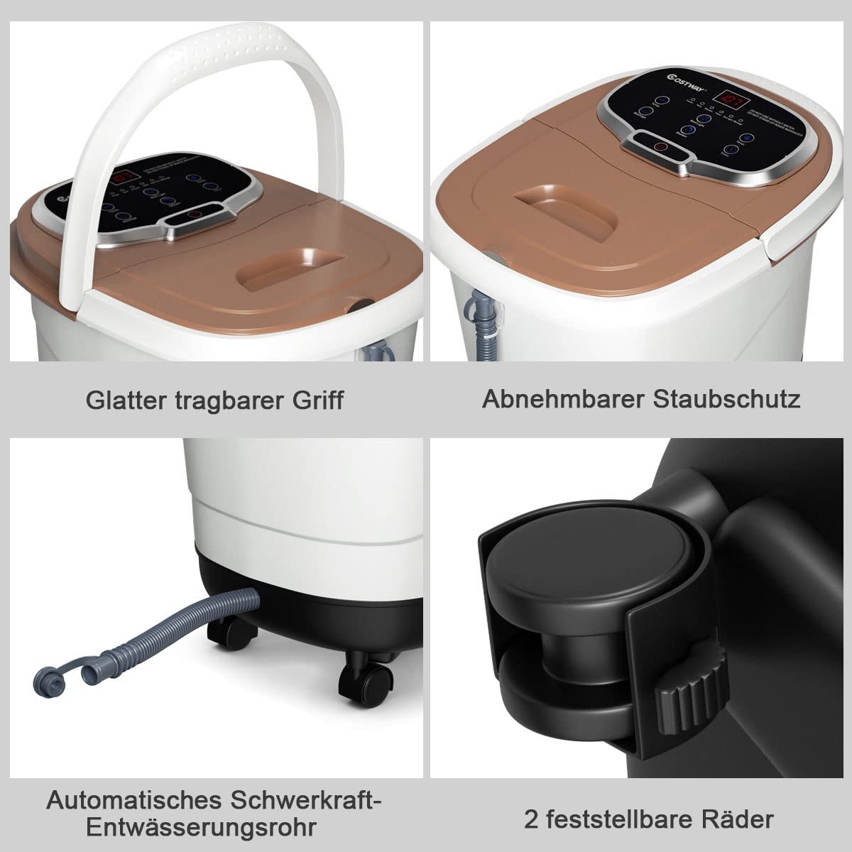 COSTWAY Fußbad mit Massagefunktion & Duschfunktion, 500W Elektrische Fußbadewanne mit Heizung, Max. 48°C, 10-60 Min Timer, Shiatsu- & Rollenmassage, Fußbad Massagegerät auf Rollen (Braun)