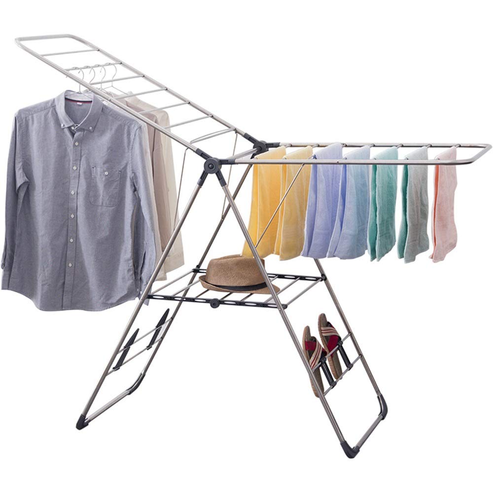 Wäscheständer, 9,6 Meter Trockenfläche, multifunktionaler Lufttrockner, Edelstahlrohre, graue Flügel-Wäscheständer, zusammenklappbarer Wäscheständer, platzsparend (Farbe: Grau, Größe: 166,5 x 60 x