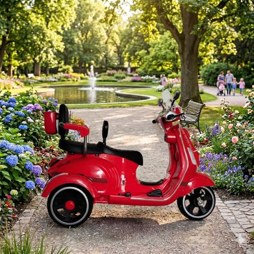 Image of SHAKYA WORLD Vespa Double Seat 12v Battery Operated Rechargeable Ride On Scooter for Girls and Boys || 2 to 6 Years (Red)