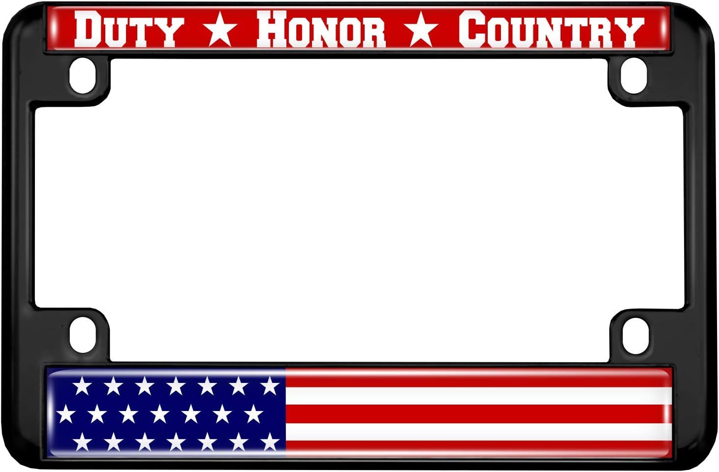 Motorcycle Metal License Plate Frame with Duty Honor Country USA Flag Design - Black