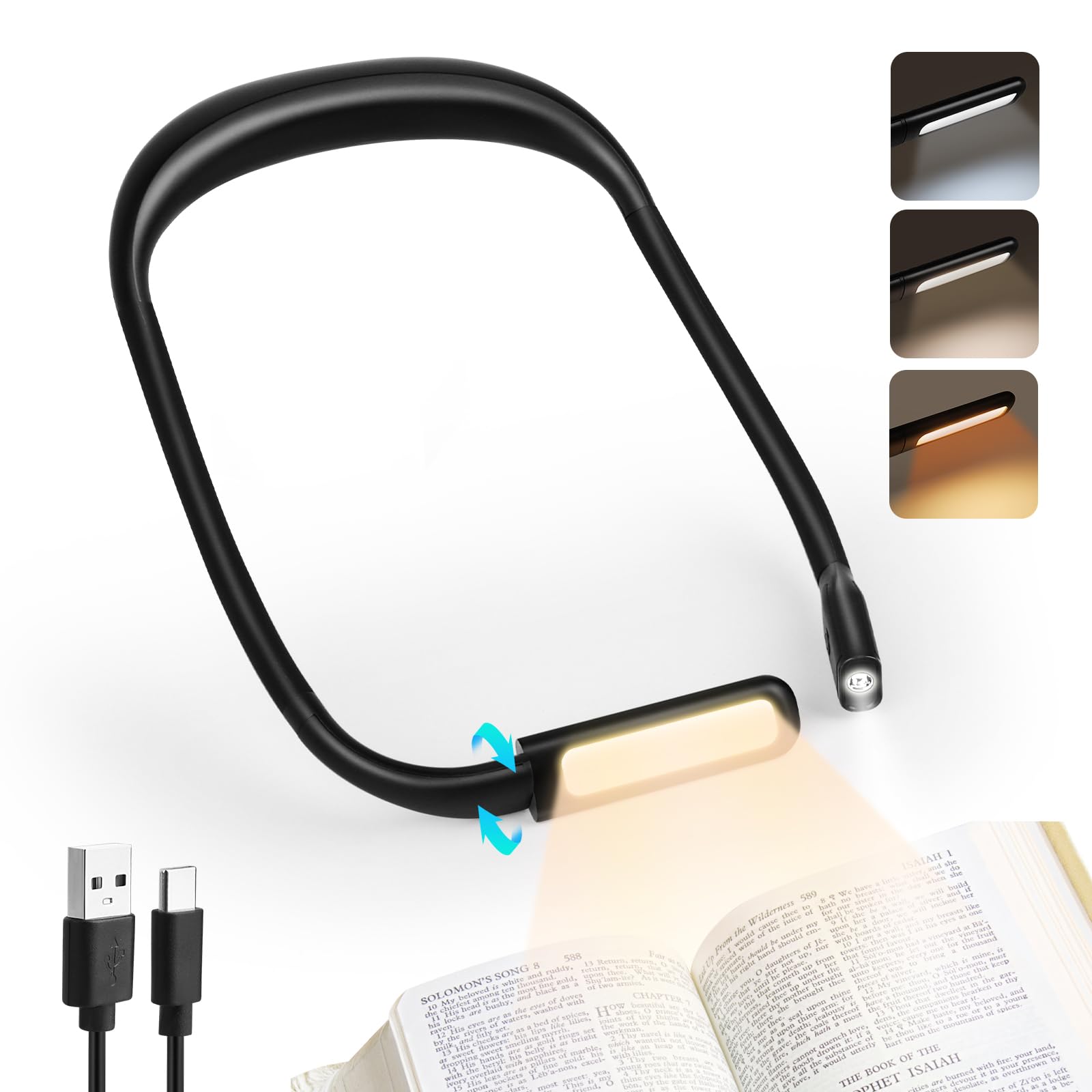 VFANDV Luz de Lectura, 3 Colores Lampara Libro de Lectura Recargable Protección Ocular & Atenuación Continua, Luz Lectura Cuello Flexibles para Leer, Tejer, Acampar, Reparar
