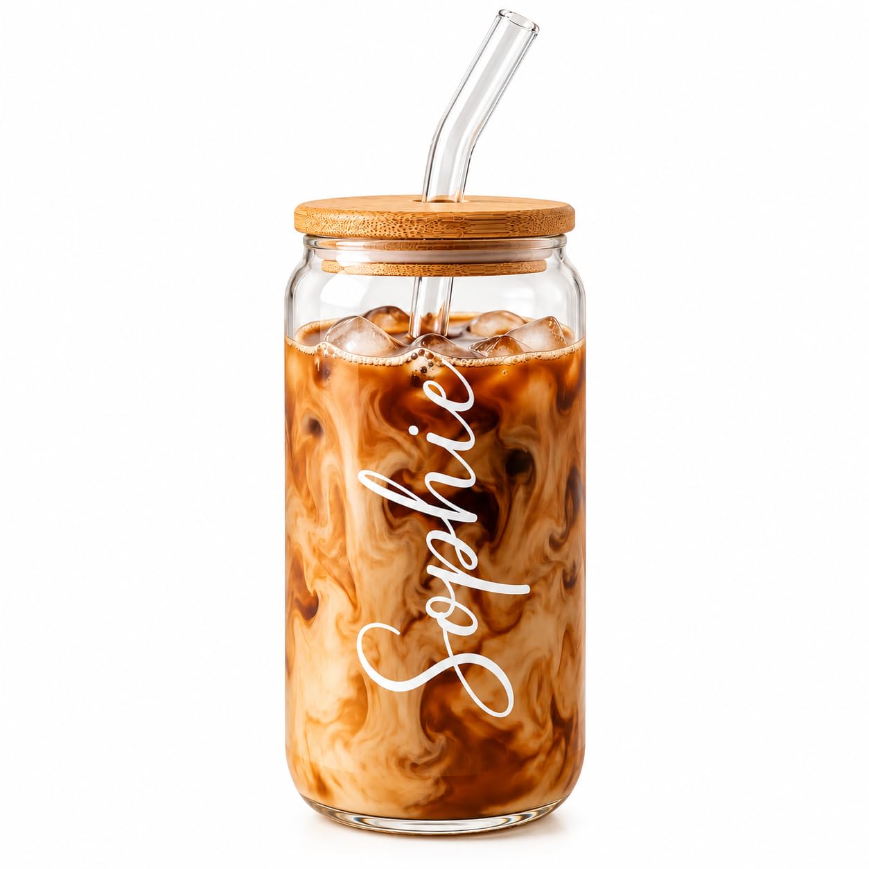 Personalised Glass Tumbler with Bamboo Lid & Straw, Custom Name Iced Coffee Cup, Reusable 16oz Cold Drinks Cup, Personalised Gift for Her