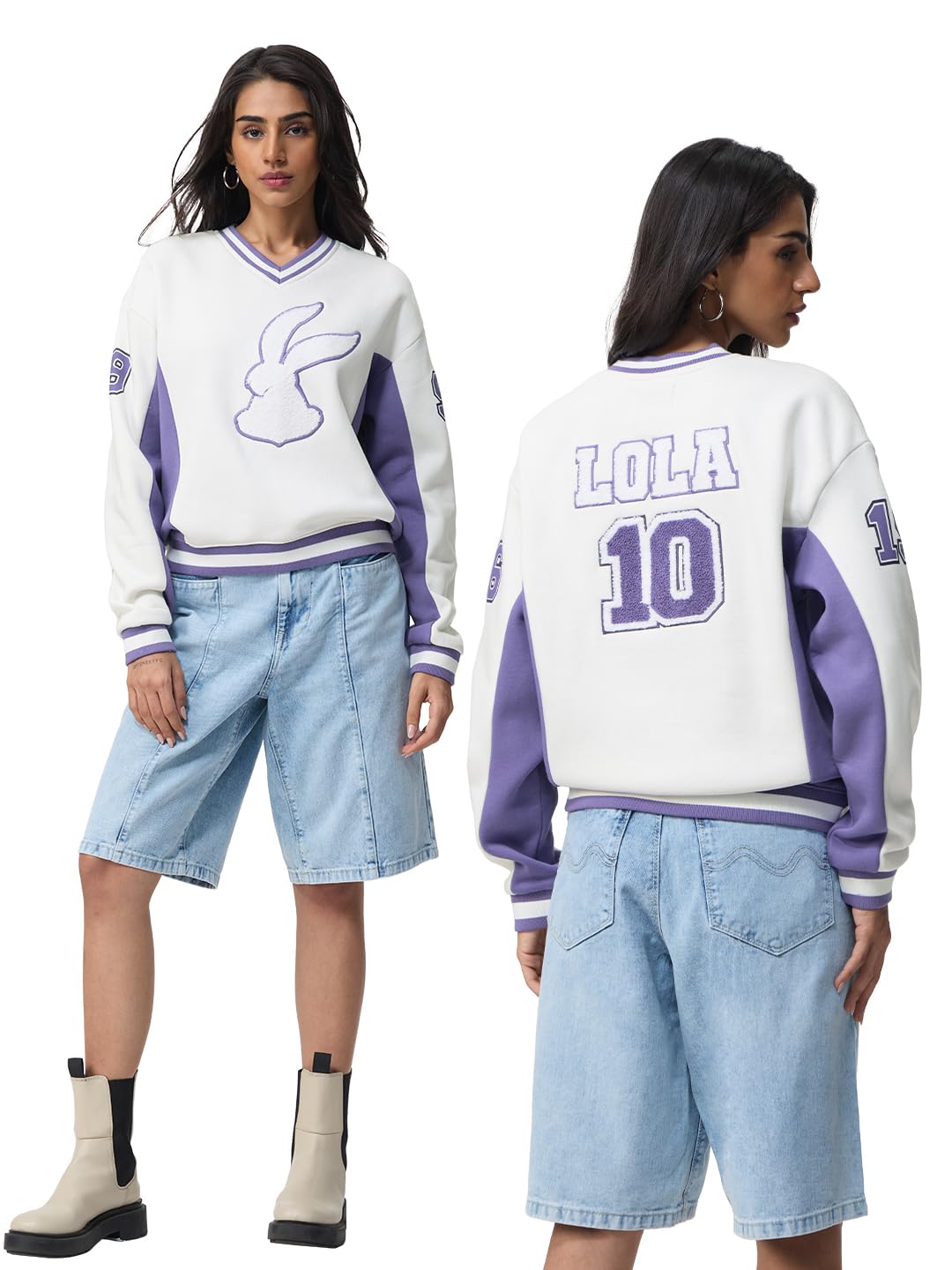 the souled store Looney Tunes: Lola 10 Women and Girls Full Sleeves V-Neck Cream and Violet Graphic Printed Cotton Blend Fleece Oversized Fit Warm Winter Sweatshirt-picture-50