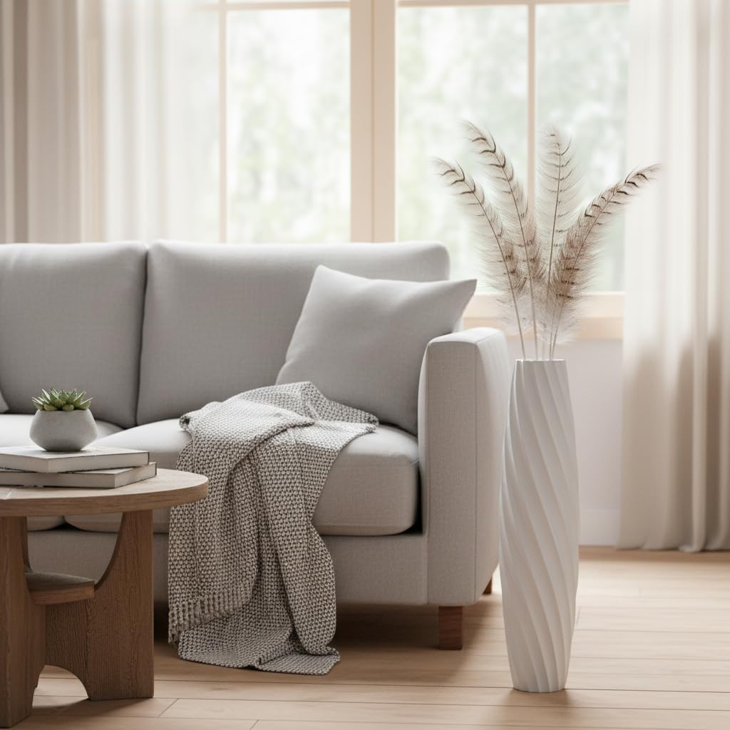 Tall Floor Vase, 23.6 inches Tall Vases Sturdy, Luxury, Textured for Decorative Branches Dried Flowers, Floor Vase for Rustic, Living Room, Shelf Decor (White)