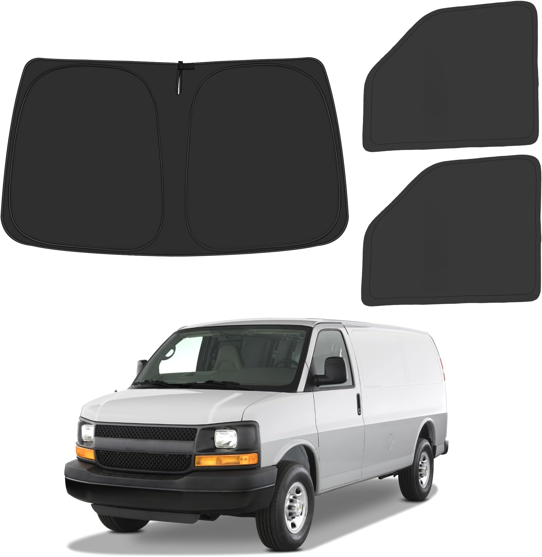 Front Windshield ๏ผ Side Window Sun Shade for 1996-2025 Chevy Express Accessories Cargo Van, Foldable Window Sunshade Sun Visor Protector, Window Shade Sun Shield Block UV Rays Heat, Pack of 3