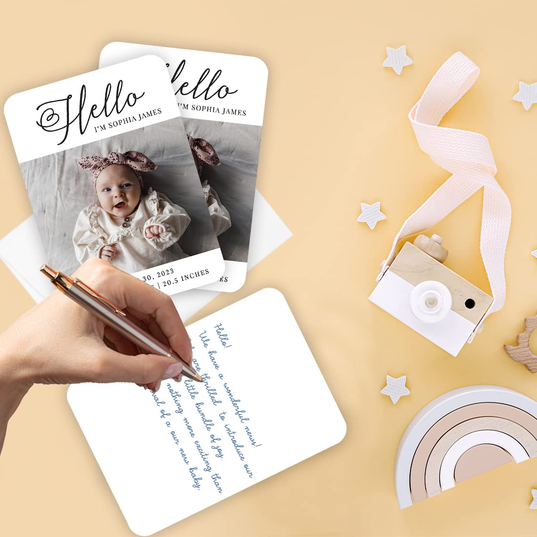 Andaz Press 24-Pack Personalized 5x7-Inch Baby Photo Announcement Cards with Envelopes, Hello Custom Name Baby Birth Announcement Stat Cards Baby Reveal Newborn Baby Photo Birth Cards For Family