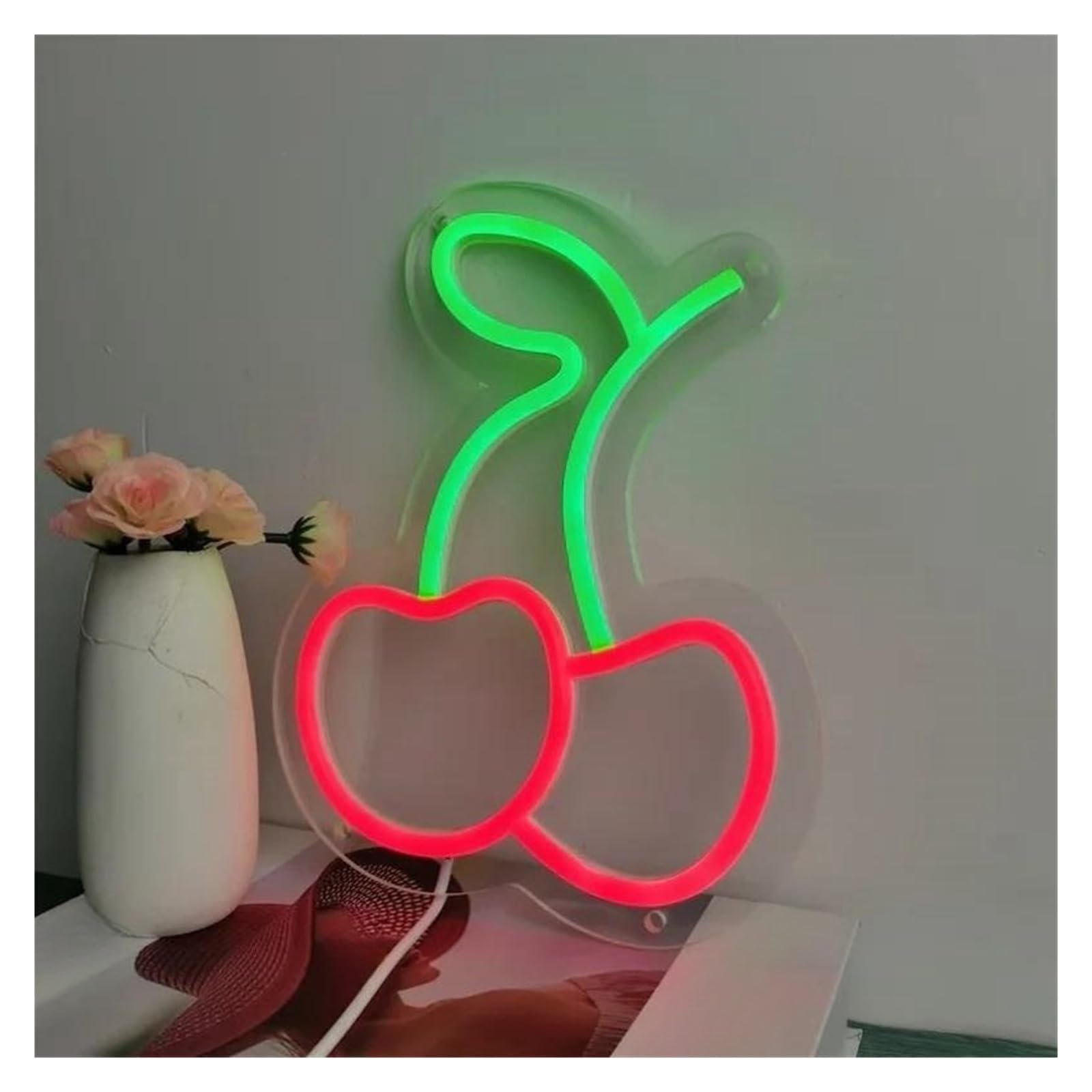 Luz de Diseño de Digital Letrero De Neón De Cereza Regulable, Luces De Neón Verdes Y Rosas Para Decoración De Pared De Fiesta De Club Bistro Alimentada Por USB 20cmx25cm