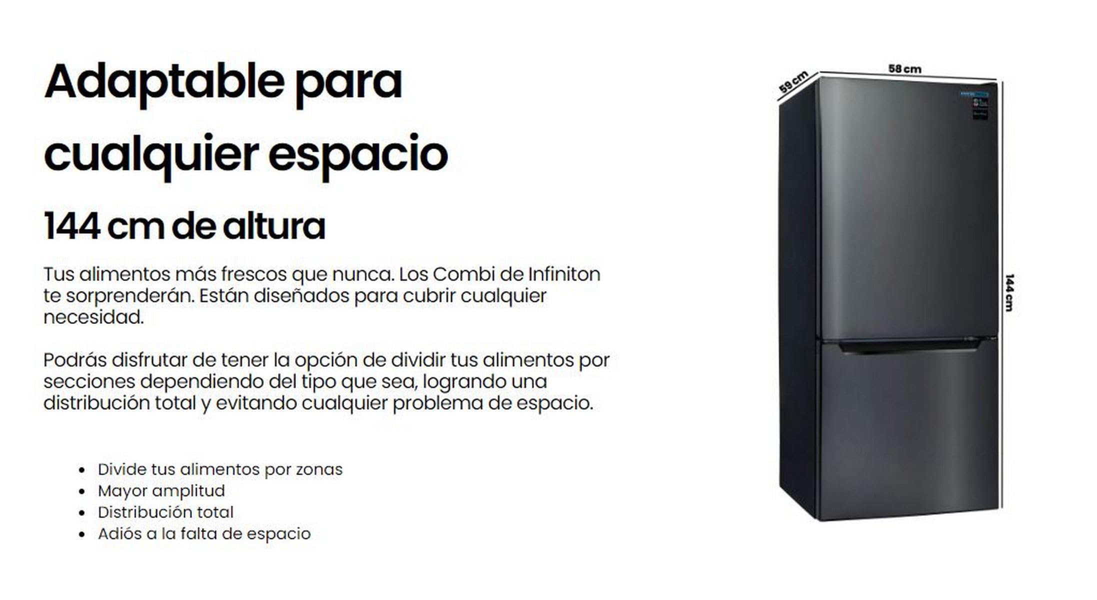 INFINITON Frigorifico Combi FGC-210C14DEK, 205 Litros, 144 cm de Altura, E, Fast Freezing, Tirador integrado, Puerta reversible, Acabado DARK INOX