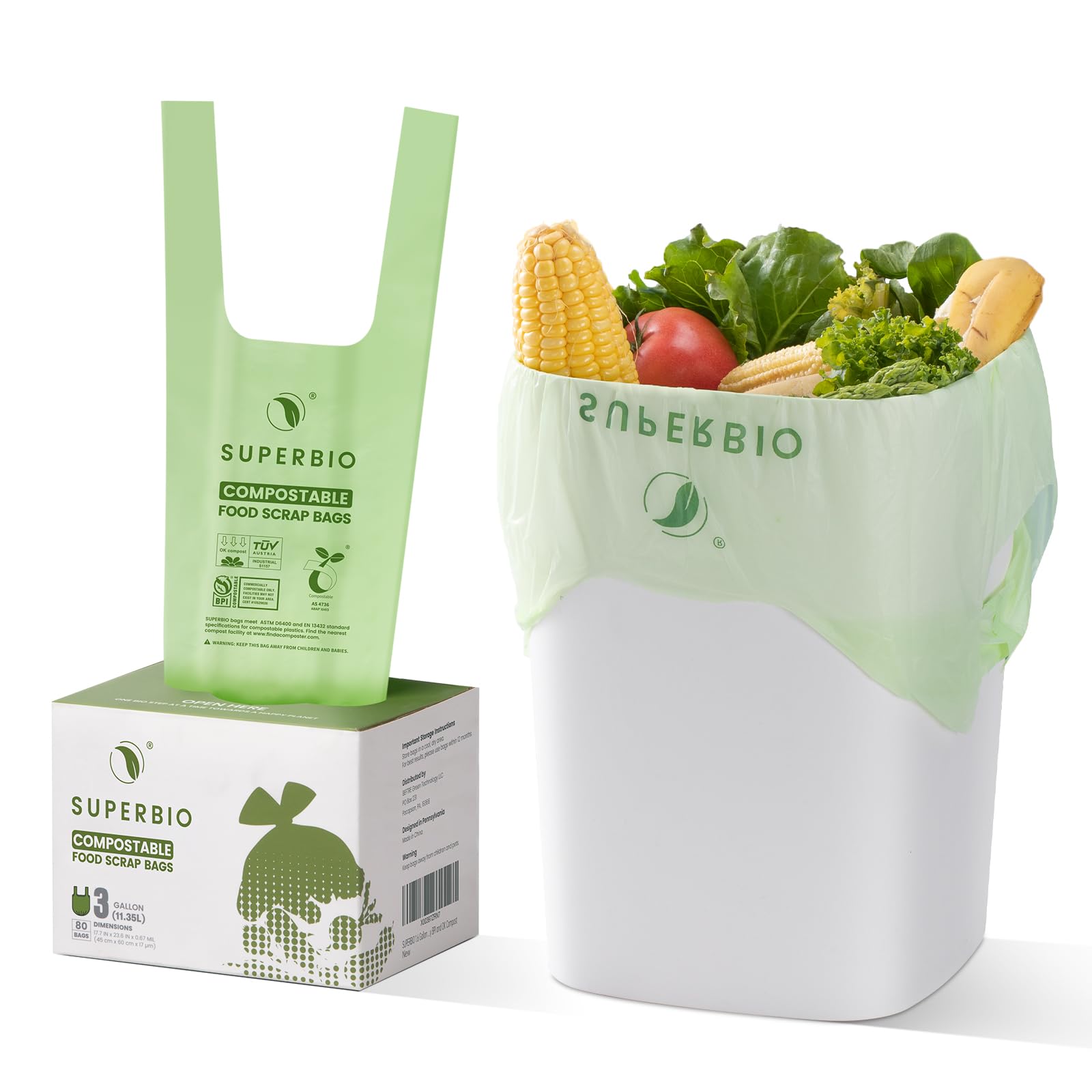 SUPERBIO Bolsas de basura compostables con asa de 3 galones, 80 unidades, bolsas de basura para el hogar, oficina, baño, cocina, certificadas por BPI y OK Compost