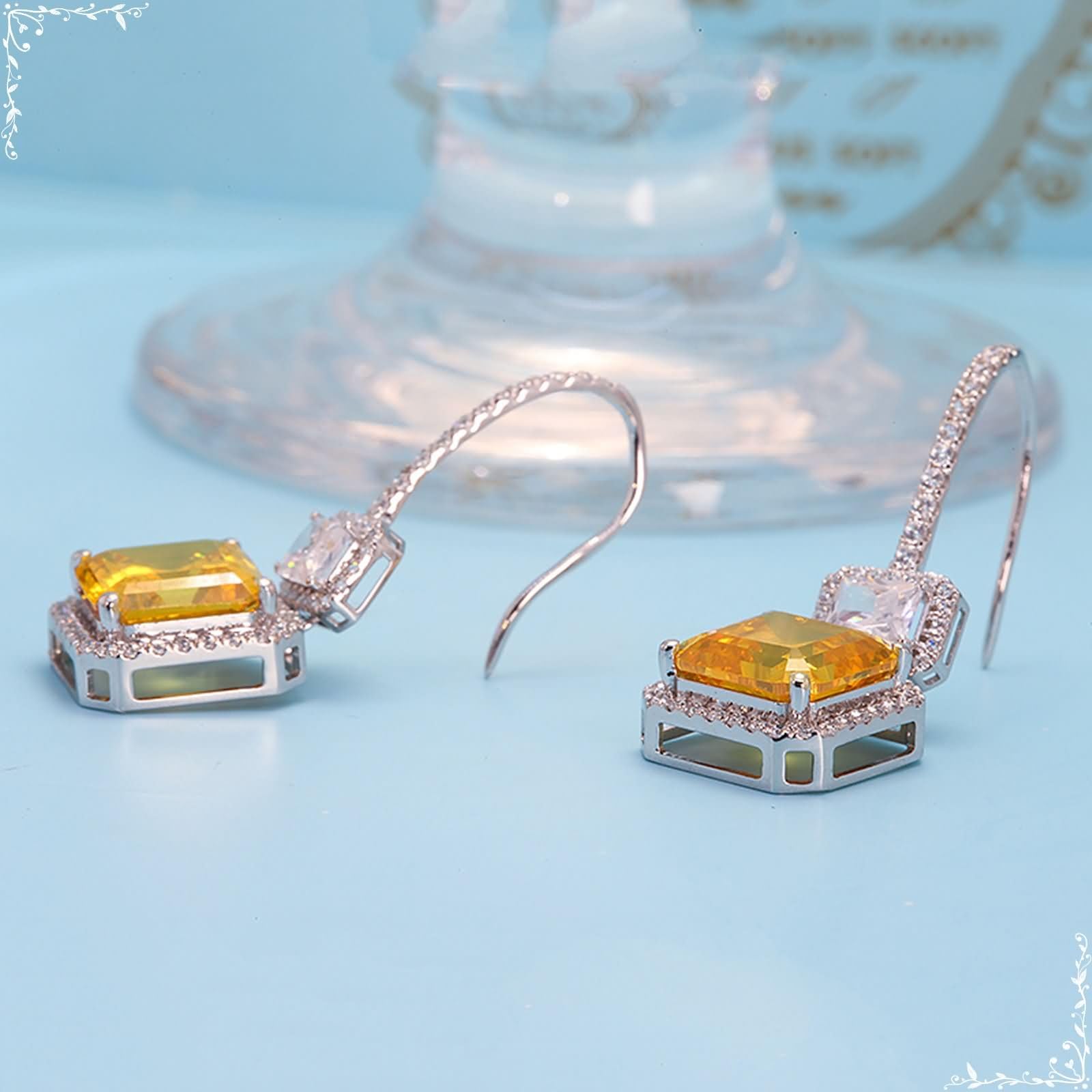 Damen Ohrringe Hochzeit Weißgold 9K / 14K / 18K, Quadrat mit Korund und Moissanit, Ohrringe Silber Gelb Damen für Hochzeit