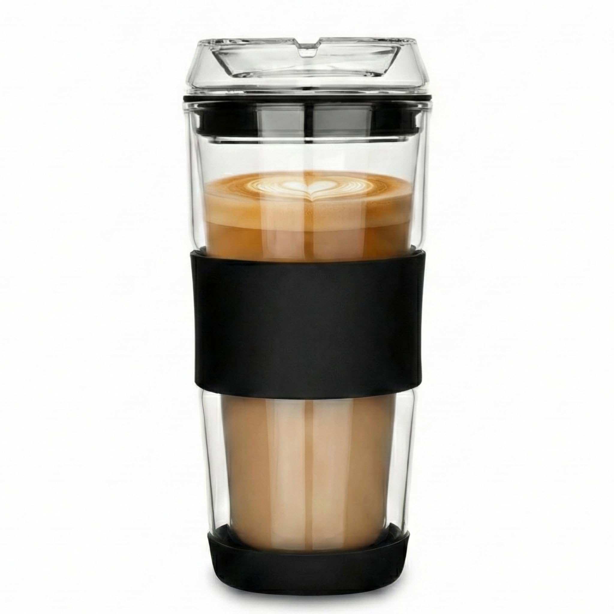 cicike 14oz Double Walled Glass Coffee Tumbler with Full Glass Lid & Silicone Sleeve - Non-Slip Insulated Travel Mug with Protective Bottom Bumper - 100% Plastic-Free