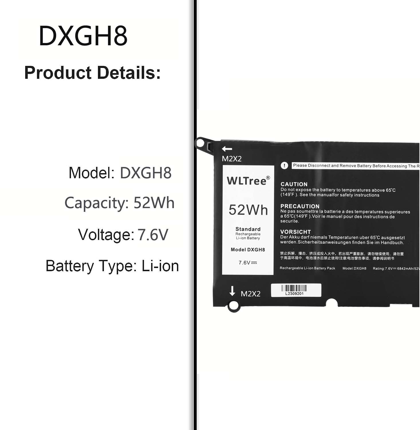 AKKEE DXGH8 Laptop Batterij voor Dell XPS 13 9370 9380 Inspiron 13 7390 7391 2-in-1 5390 5391 7490 Series H754V 0H754V G8VCF P82G 7.6V 52Wh 6500mAh 4G -Cell