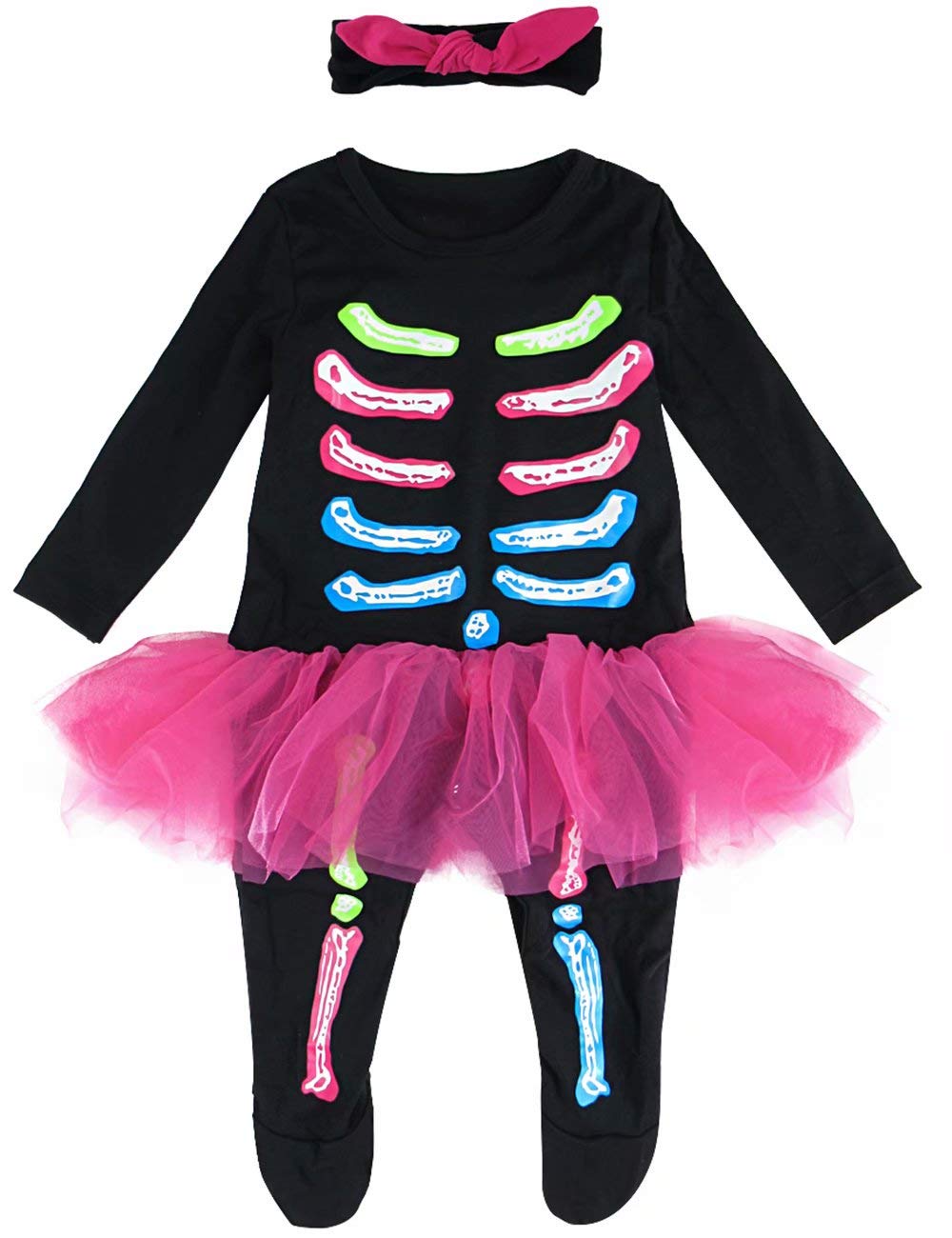 MOMBEBE COSLAND Baby Girls Skeleton Romper Halloween Costume, Black, 9-12 Months