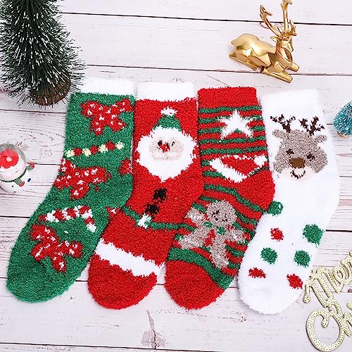 Image of Whaline Christmas Fuzzy Socks for Women Girls Gifts Plush Slipper Socks Elk Snowman Gingerbread Man Santa Claus Pattern Soft Socks Xmas Red Green White Warm Socks, 6Pairs