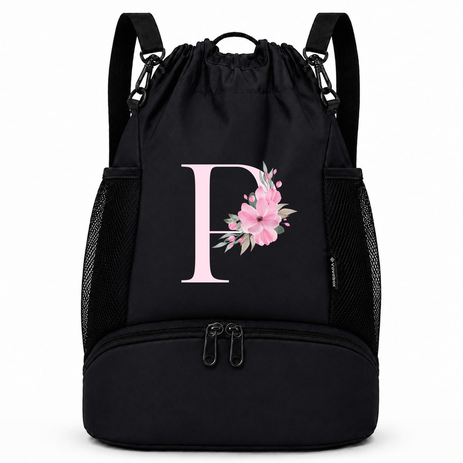 Vavabox Initial Drawstring Backpack Swim Bag Gift for Girls (Black) (P)