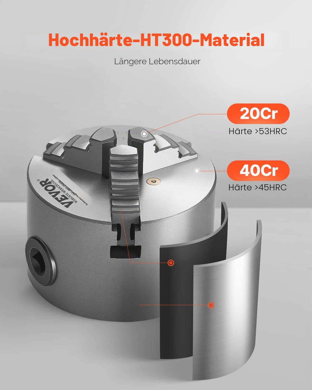 VEVOR 3-Backen-Drehfutter, 80 mm, selbstzentrierendes Spannfutter, 2-63 mm Spannbereich mit T-Schlüssel-Befestigungsschrauben, umkehrbare Backen, HT300-Material, für Holz-Metall-Drehmaschine