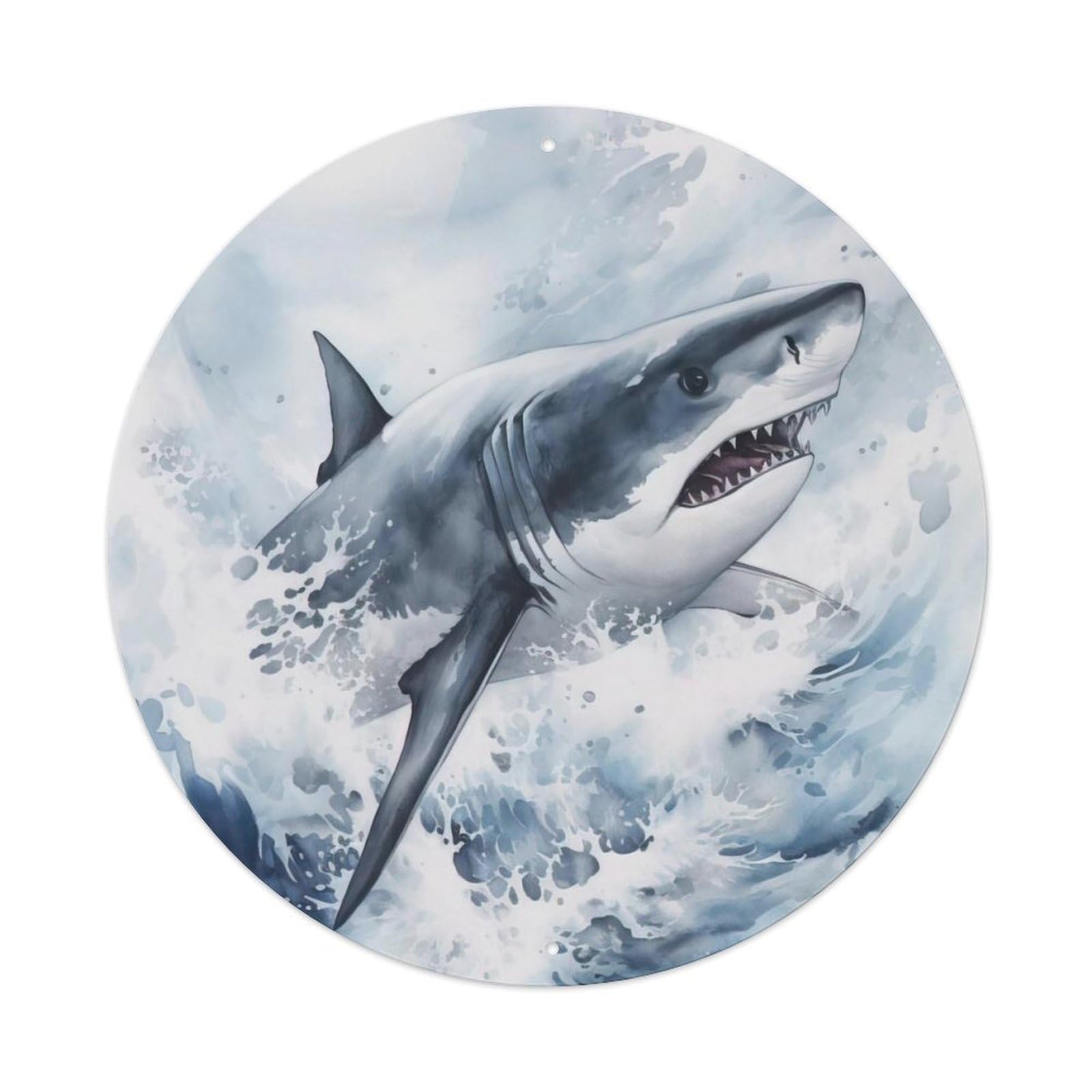Marine Animals Great White Shark Attack Watercolor Ocean Artwork Vintage Metal Tin Sign Plaque Wall Decor for Cafe, Club Bar, Office, Garden Metal Poster 8x8Inch