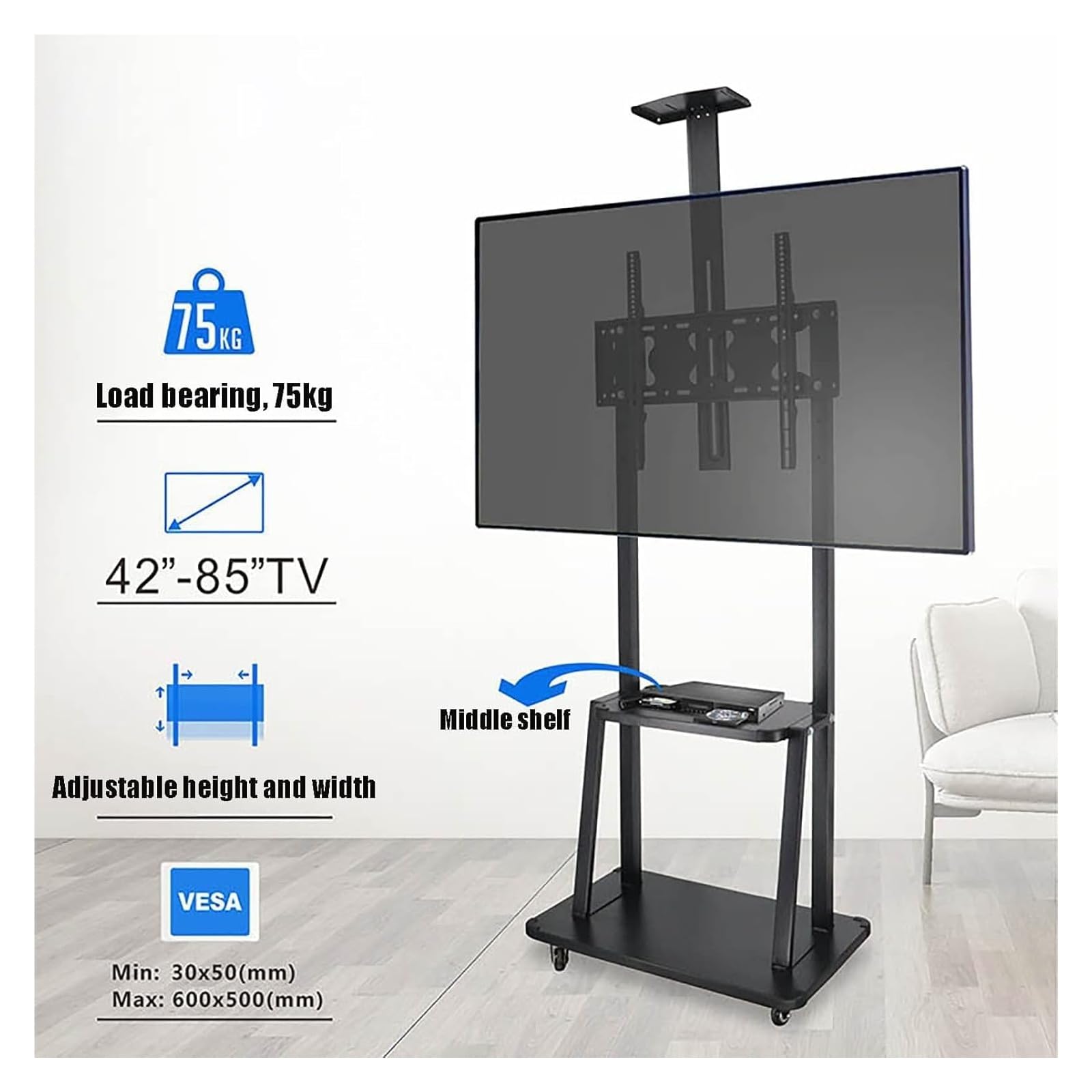 Soporte para TV con ruedasSoporte para TV Giratorio y de pie para Pantallas planasTV móvil con Altura Ajustable Fácil Movilidad para Uso en el hogar y la Oficina