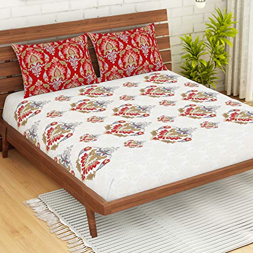 Image of Spaces Atrium 144 TC 100% Cotton King Size Fitted Double Bedsheet with 2 Pillow Covers (Ornate, 72 inch X 78 inch Inches ) - Poppy Red