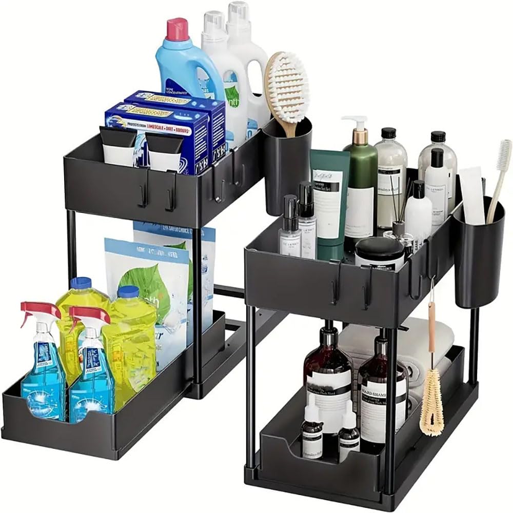 EEGAO Under Sink Storage Kitchen Organiser, 2 Tier Sliding Kitchen Storage Under Sink shelf, Multi-Purpose Organisation for Bathroom, Bottom Slide Out Basket (two, black)